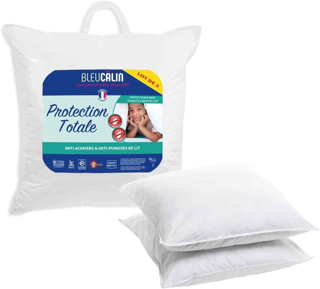 Bleu Câlin sæt med 2 antimide, anti-bug puder, blød komfort, 60 X 60 Cm, mikrofiberbetræk, fuld beskyttelse, hvide Naty Shop standard puder 60X60 Cm