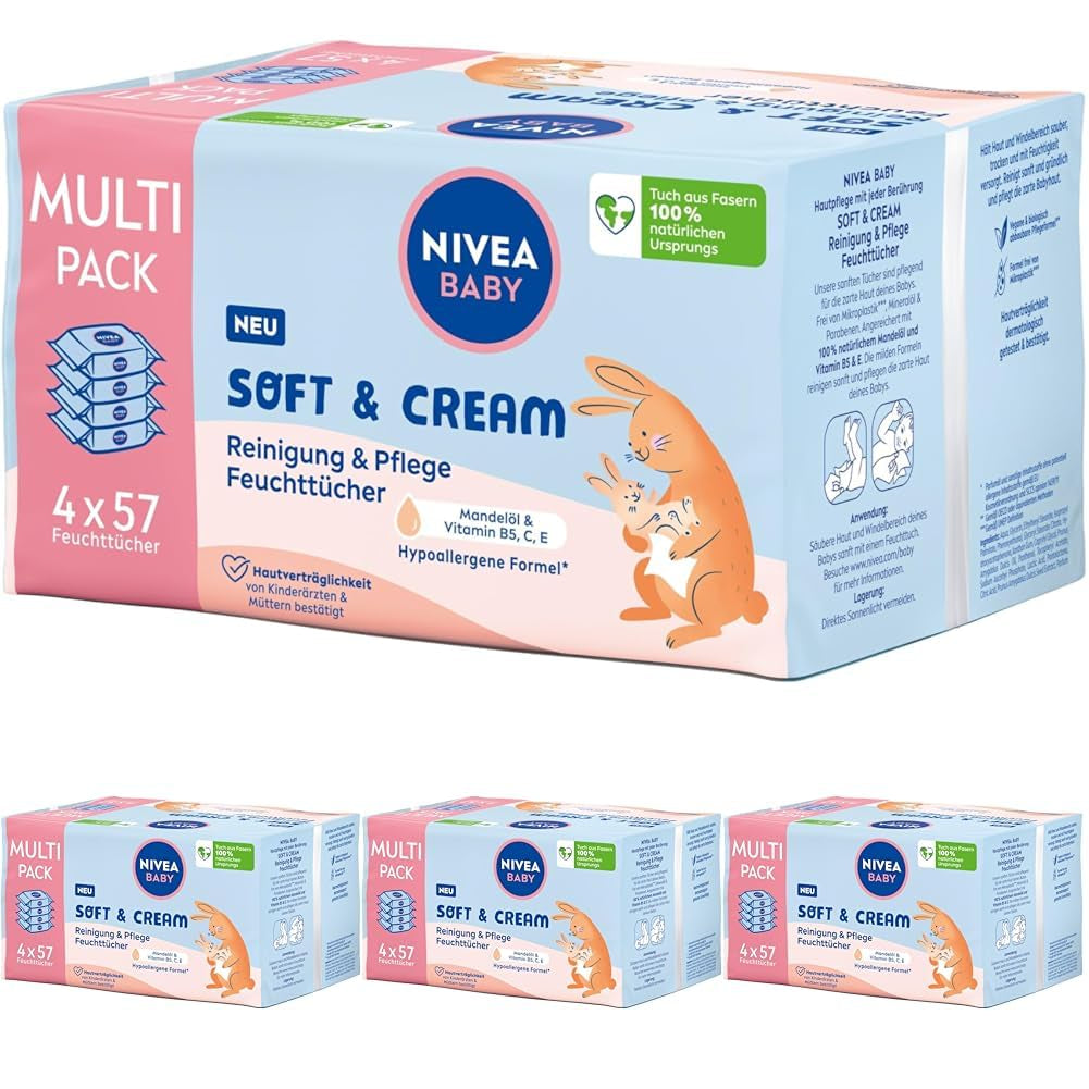 NIVEA BABY Soft & Cream vådservietter til babyer (4 x 57 stk.)