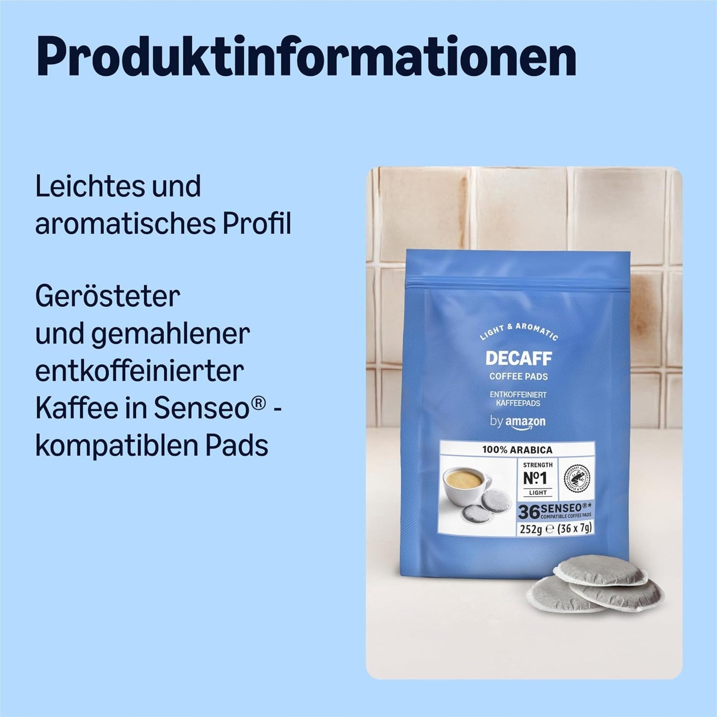 af Amazon Entkoffeinierte 100% Arabica-Kaffeepads, geeignet für Senseo-Maschinen, medium Röstung, 36 Stück (1 Packung mit 36 ​​​​Stück) – Rainforest Alliance-zertifiziert