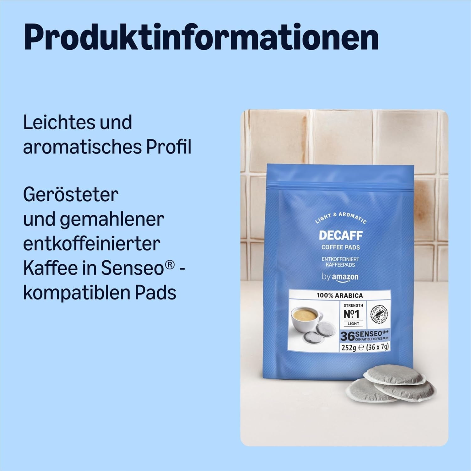 af Amazon Entkoffeinierte 100% Arabica-Kaffeepads, geeignet für Senseo-Maschinen, medium Röstung, 36 Stück (1 Packung mit 36 ​​​​Stück) – Rainforest Alliance-zertifiziert