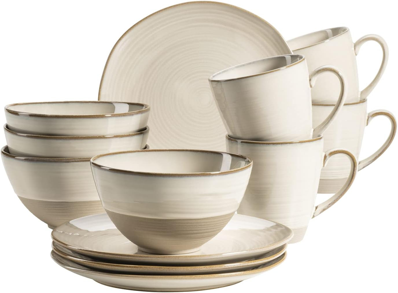 MÄSER 931818 Nottingham Vintage Series Spisesæt til 4, 12-delt morgenmadsservice med uregelmæssige runde former i retrolook, fliser, beige