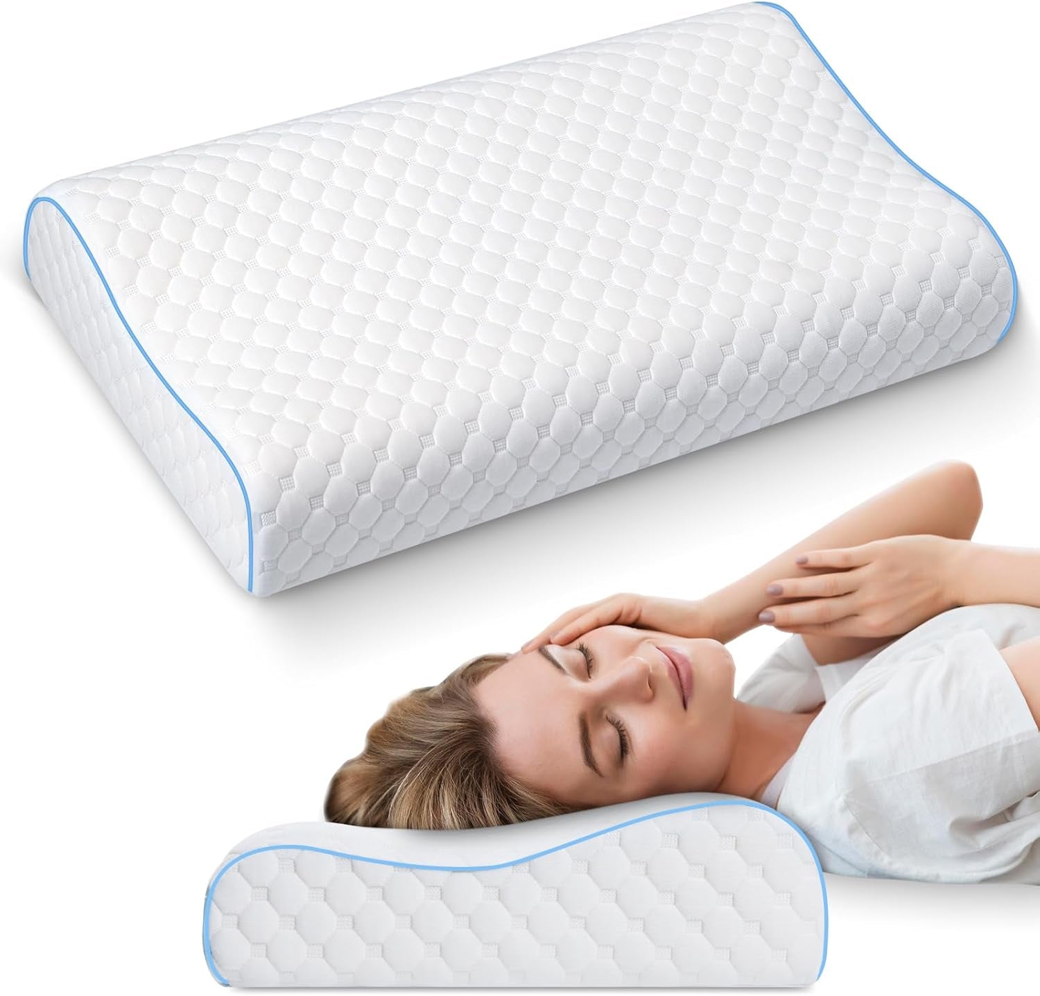 PHYSEN Ortopædisk pude Nakkepude, Nakkestøttepude, Memory Foam Pude, Ergonomisk Nakkesmertepude Sovepude Anti-snorkepude til sider, ryg og mave (62 * 34 * 11 6,5 cm) Cervikale ortopædiske puder Naty Shop Hvid-Blå