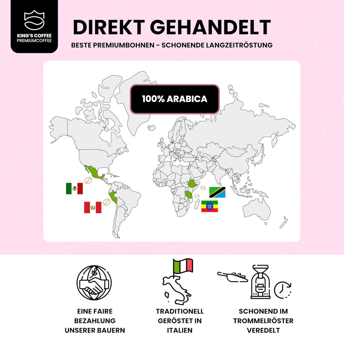 KING'S COFFEE - WHITE EDITION - let blanding 100% Arabica fra Etiopien, Mexico, Peru og Tanzania - lille batch-ristning i Italien - hele espressobønner til portafiltermaskiner - 1 kg