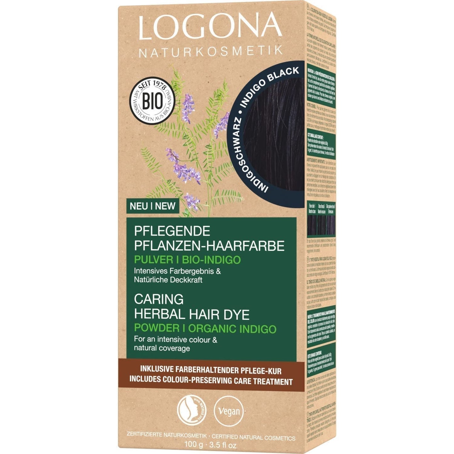 LOGONA Natural Cosmetics Urteplejende hårfarve, økologisk hennapulver Vegansk hårfarve for intens farve og glans, urtefarve i kobberblond (blond), 1 x 100 g Naty Shop Indigo Black Hårfarve 100G (1 pakke)