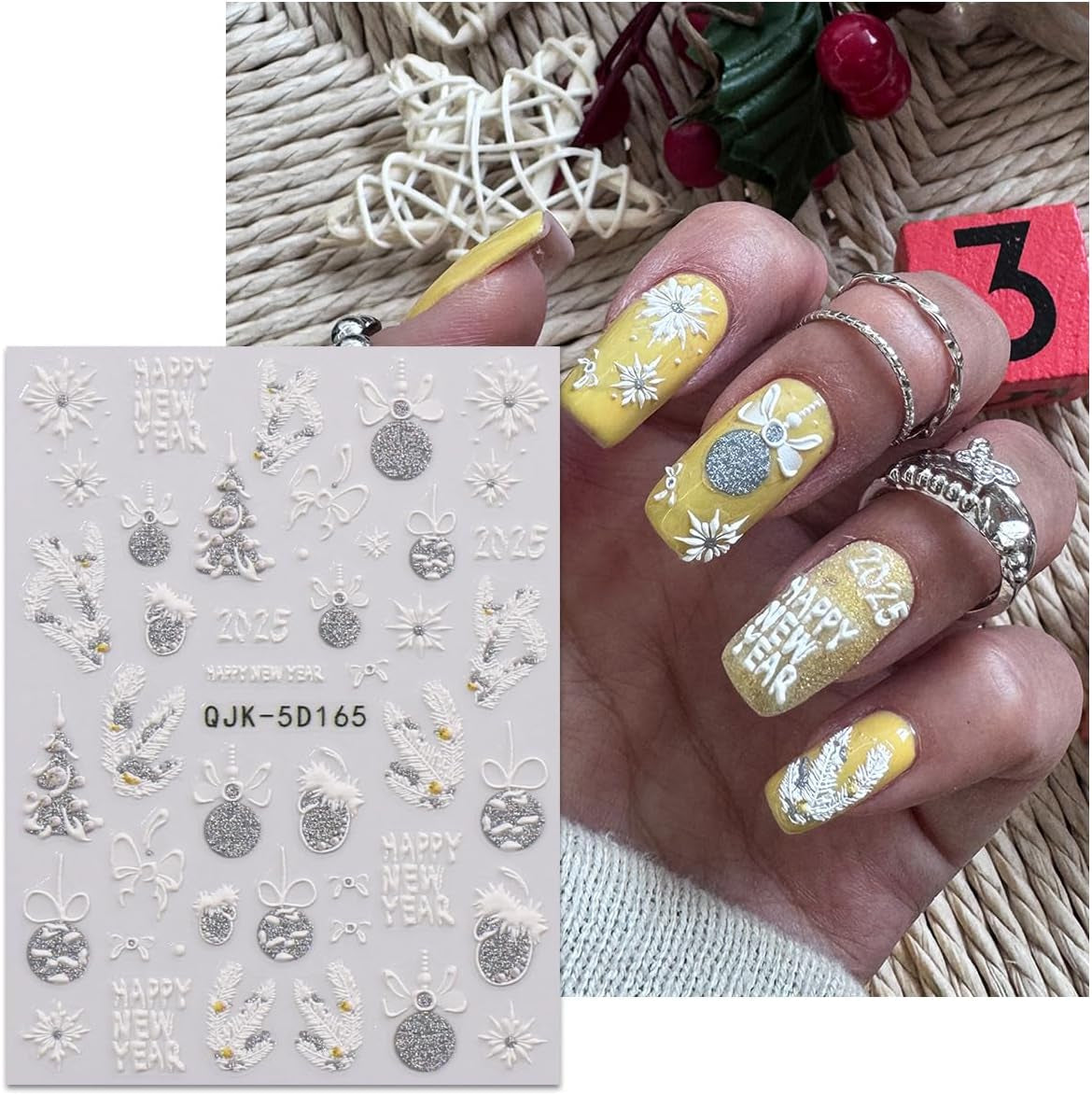 JMEOWIO 3D Nagelsticker Weihnachten Glitzer Nail Art Sticker Selbstklebend Nagelaufkleber 5D Stereoskopisk Schneeflocke Winterurlaub Süß Dekoration Nageldesign Zubehör 4 Blatt