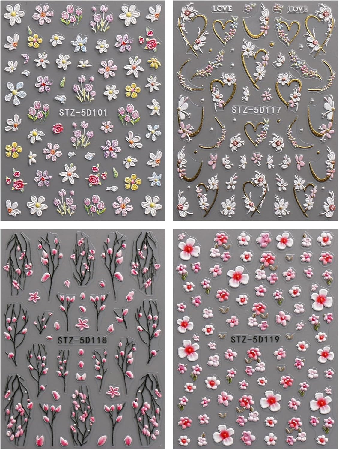 JMEOWIO 3D Nagelsticker Blume Nail Art Sticker Selbstklebend Nagelaufkleber 5D Stereoskopisk Frühling Sommer Floral Dekoration Nageldesign Zubehör 4 Blatt