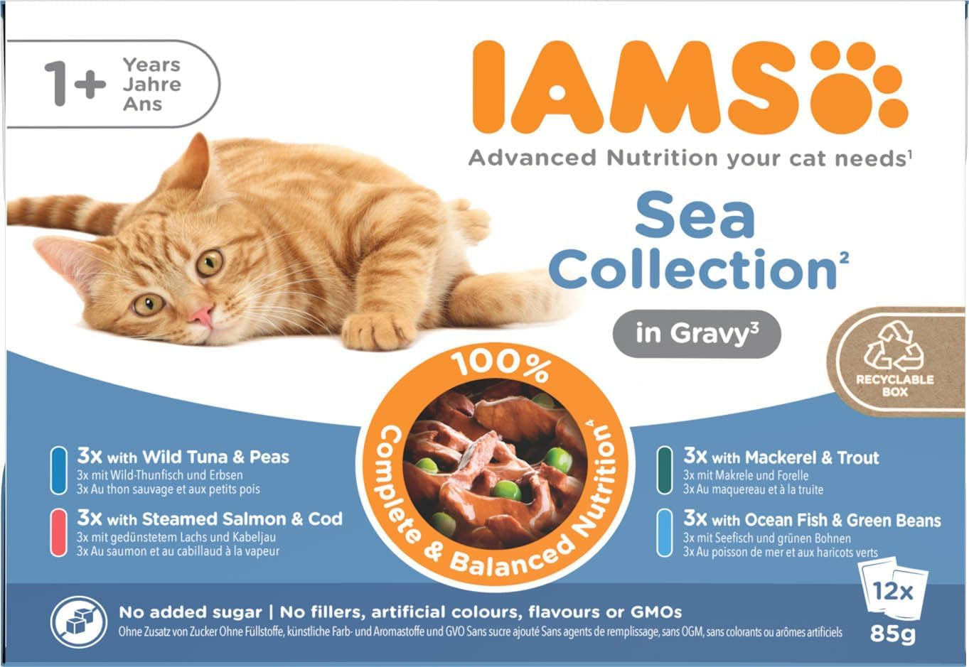 IAMS Delights Sea Collection Katzenfutter Nass - Multipack mit Fisch Sorten (Lachs, Thunfisch, Makrel, Seefisch) i Sauce, Nassfutter für Katzen fra 1 Jahr, 12 x 85g