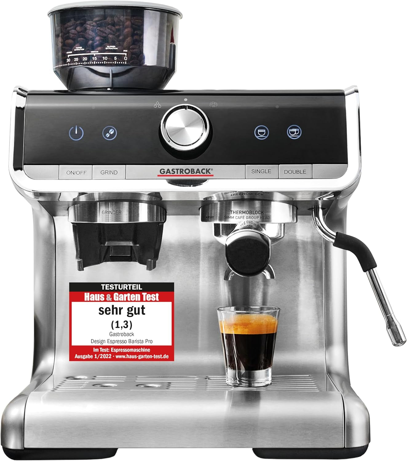 GASTROBACK espressomaskine med kværn inklusiv mælkekande, trykmaskine og rustfrit stål portafilter - Barista espressomaskine med mælkeskummer - Espressomaskine med 30 maleindstillinger