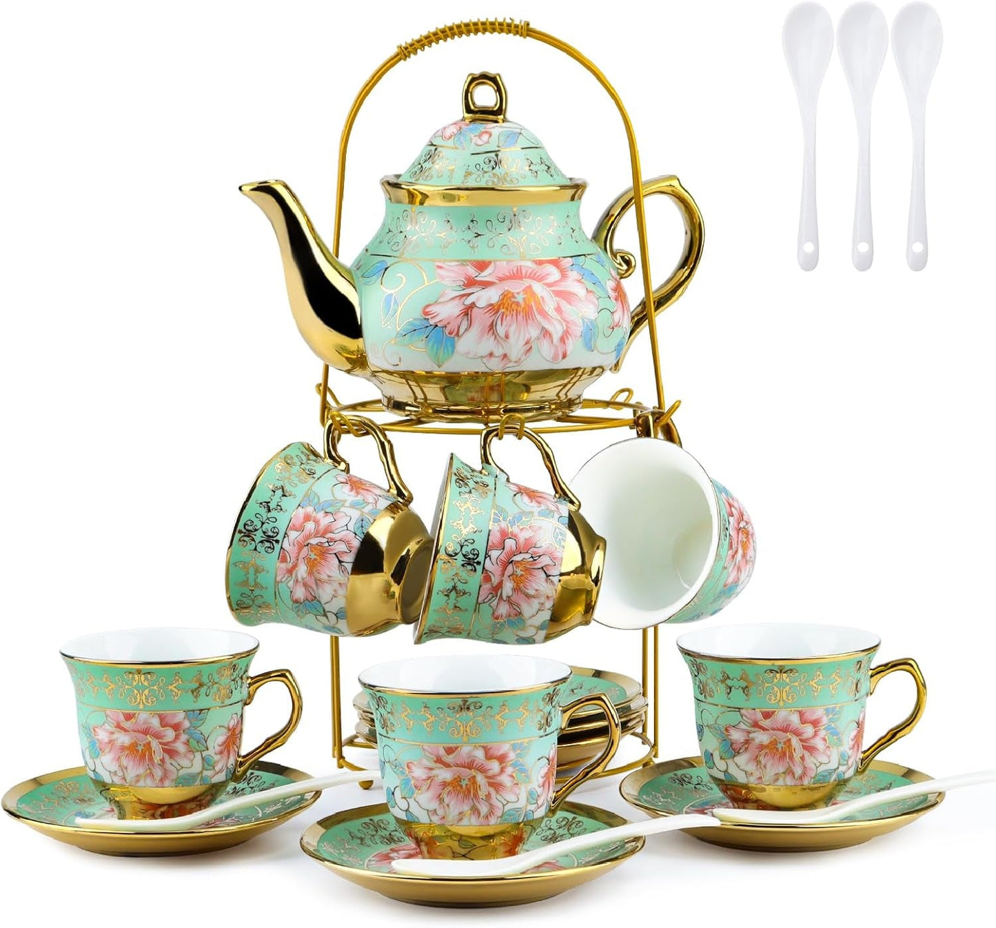 Keramisk tesæt med metalstativ, 20 stykker vintage blomstermønster porcelæn tesæt, tesæt i europæisk stil til 6, 160 ml keramisk tekop, 700 ml tekande, til fester