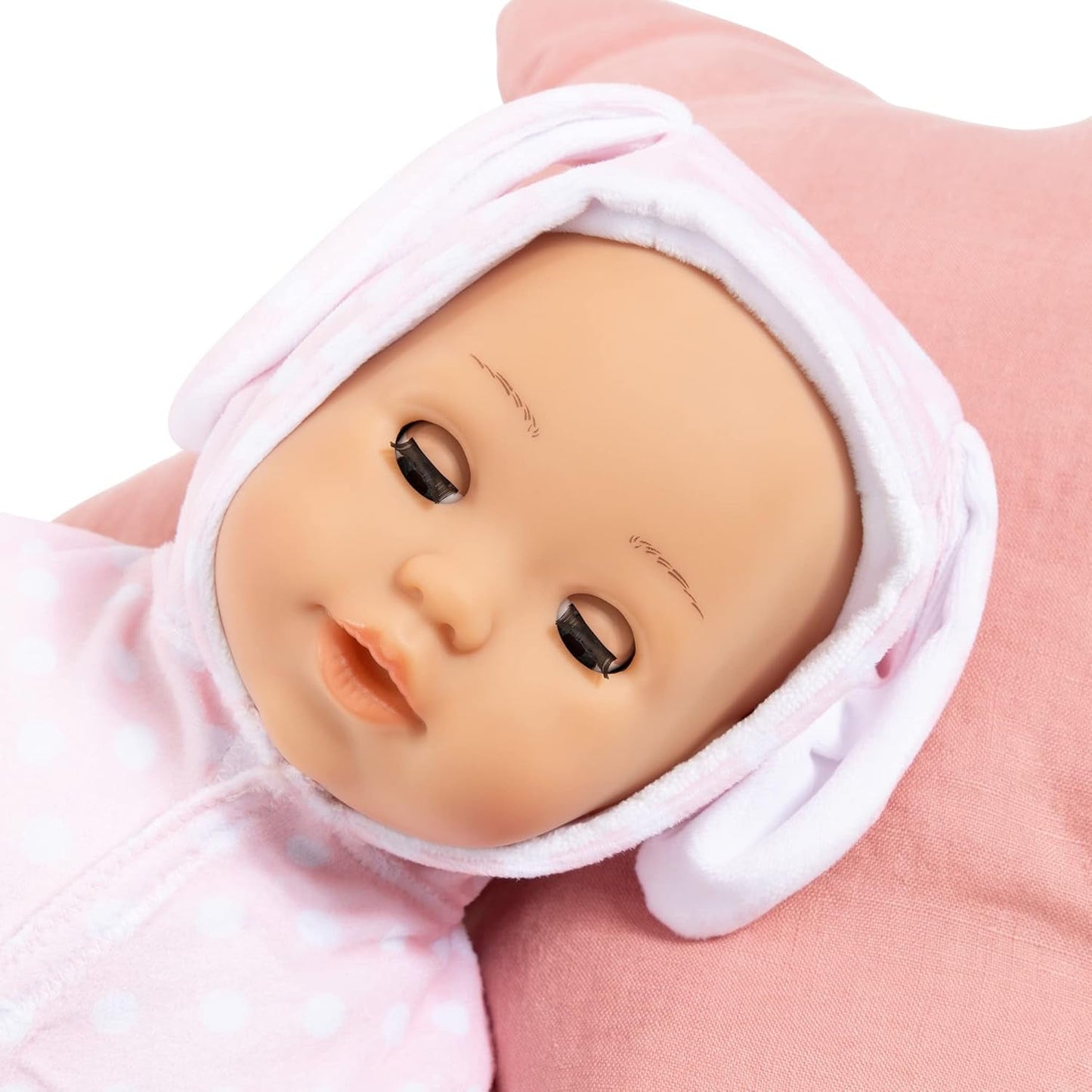 Bayer Design 93822AA Babypuppe Anna, spricht 24 Babylaute, weicher Körper, Schlafaugen, Schnuller, Flasche, 38 cm, rosa, Lille