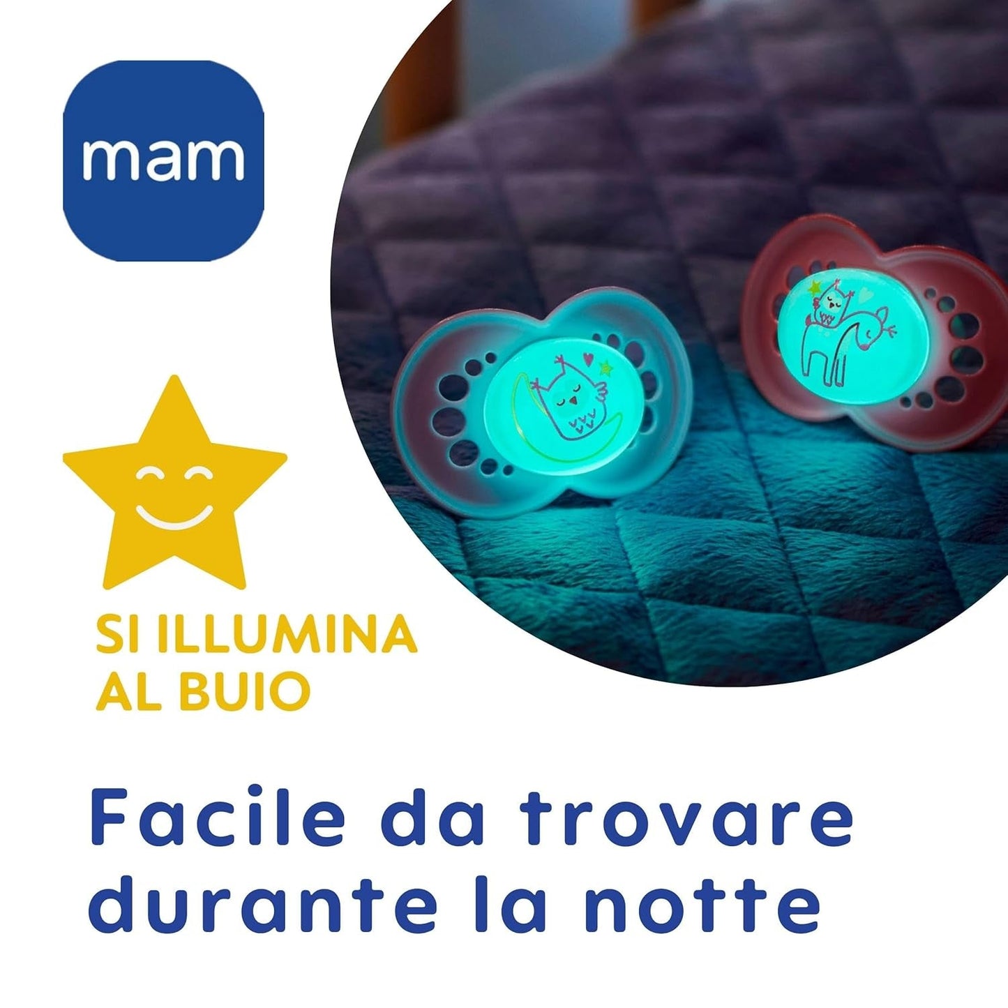 MAM sut 6+ måneder (2 pakke) MAM 6-16 måneder Glow in the Dark med gummisut, 2 pakke med steriliserende sutteholder, lyseblå/lyseblå