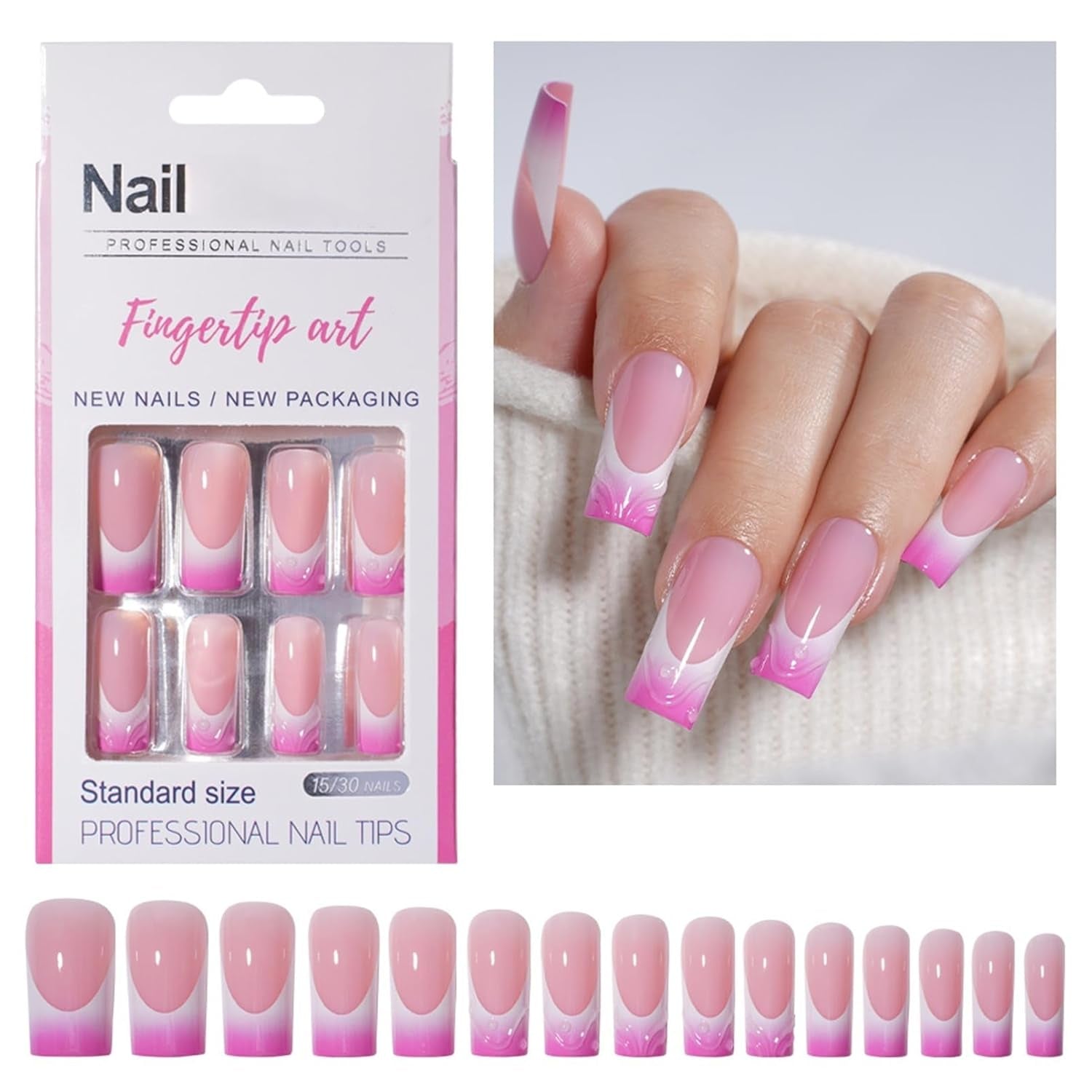 30 stk franske falske negle - lim på kunstige negle - bløde gelnegle til kvinder - Akrylklæbende negle Firkantet manicure (fransk pink)