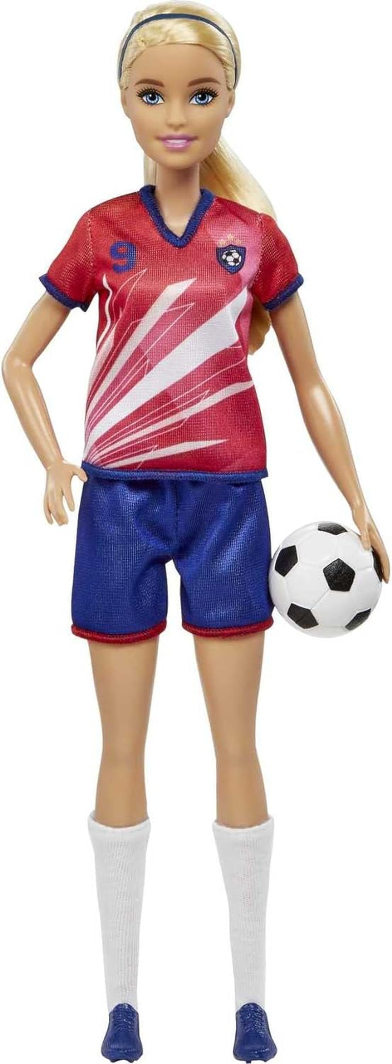 Barbie You Can Be Anything-serien, fodboldspiller, fodboldspiller med blond hår, rød og blå trøje, bold, tilbehør, dukke inkluderet, gave til 3 år og opefter, HCN17