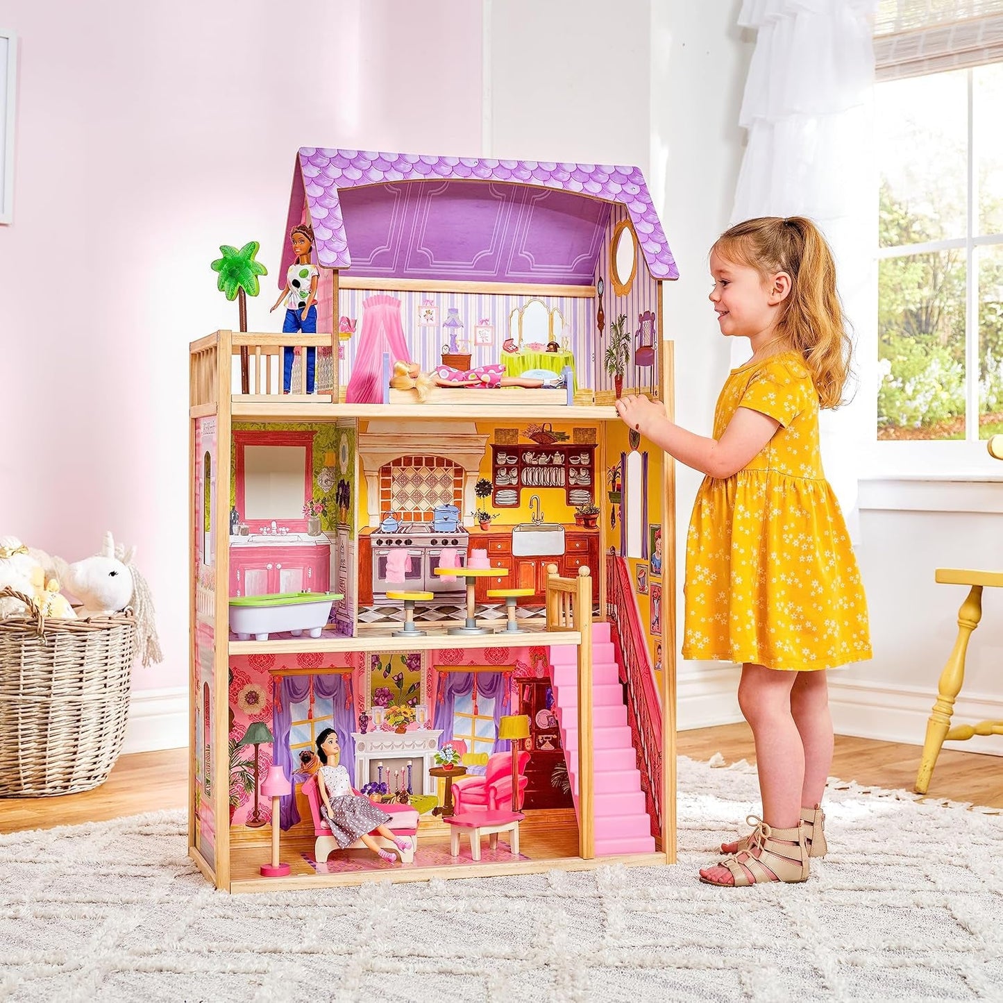 KidKraft Kayla trædukkehus med møbler og tilbehør, 3-lags legesæt til 30 cm dukke, legetøj fra 3 år og opefter, 65092 - eksklusivt på Amazon