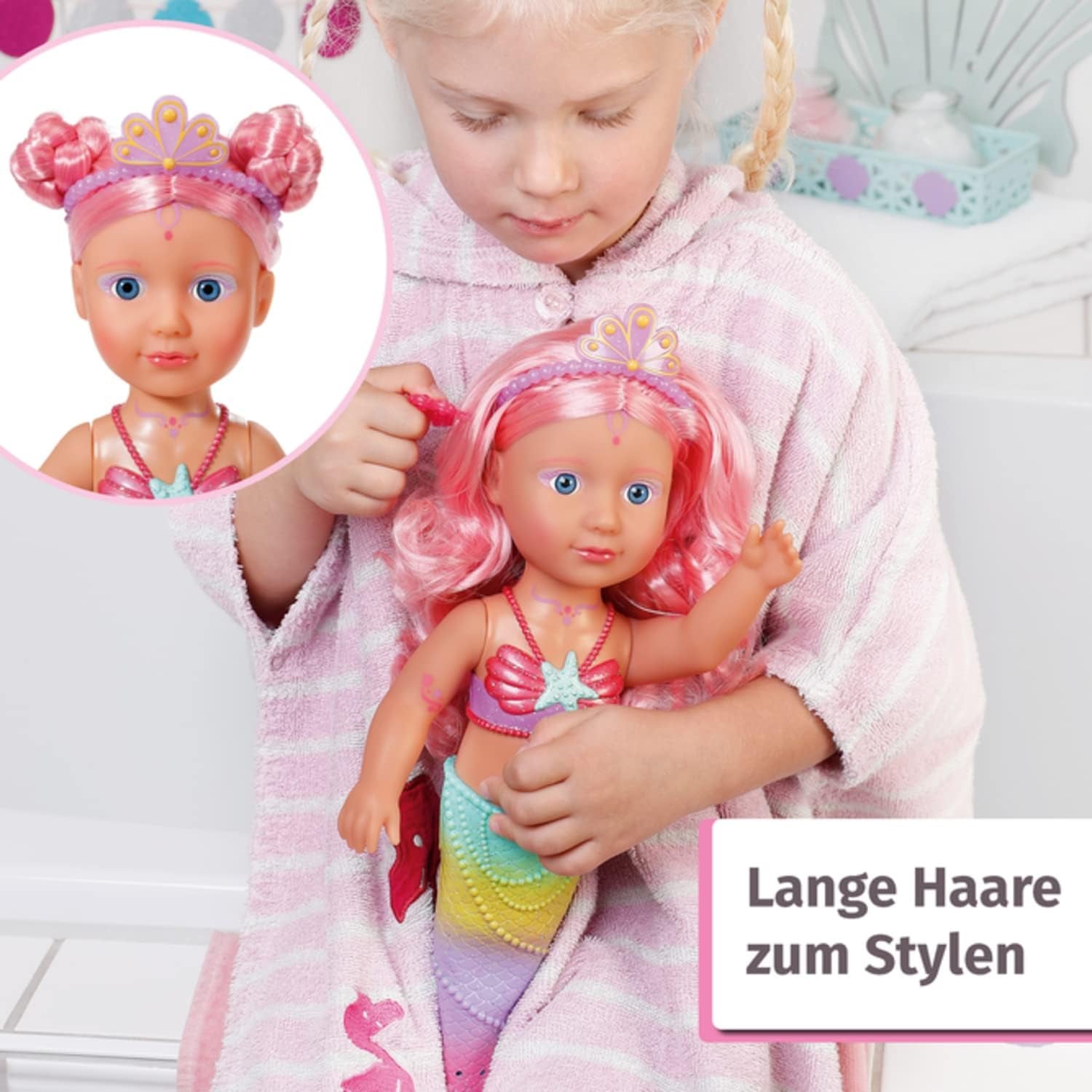 BABY Born Little Sister Mermaid 46 cm Vandtæt havfruedukke med langt hår og bevægelig glitterfinne, inkl. tiara og kam, 833681 Zapf Creation Dolls Naty Shop