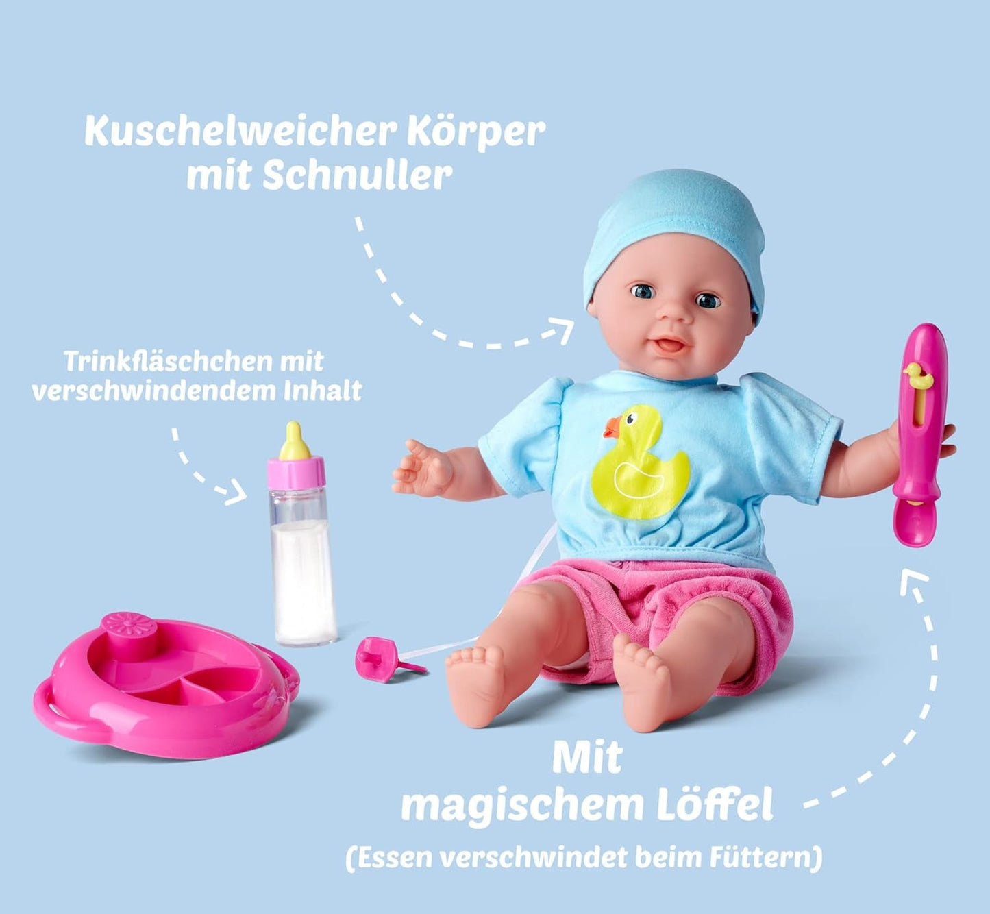 Simba 105010964 - Laura Hungry blød dukke med sut, trylleske, forsvindende flaske og tallerken, 38 cm, babydukke til børn fra 2 år