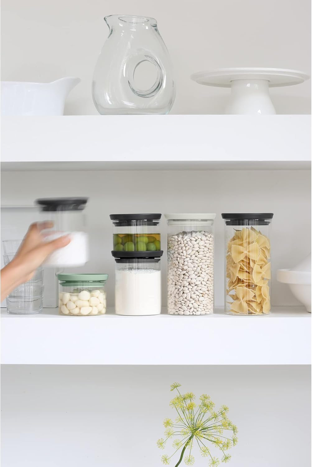 Brabantia - Stabelbar glasbeholder med låg - Sæt med 3 - Opbevaring af mad - Holder maden frisk i længere tid - Silikoneforsegling - Tåler opvaskemaskine - Mørkegrå/Lysegrå/Jadegrøn - 0,3L/0,6L/1,1L Madopbevaringsbokse Naty Shop