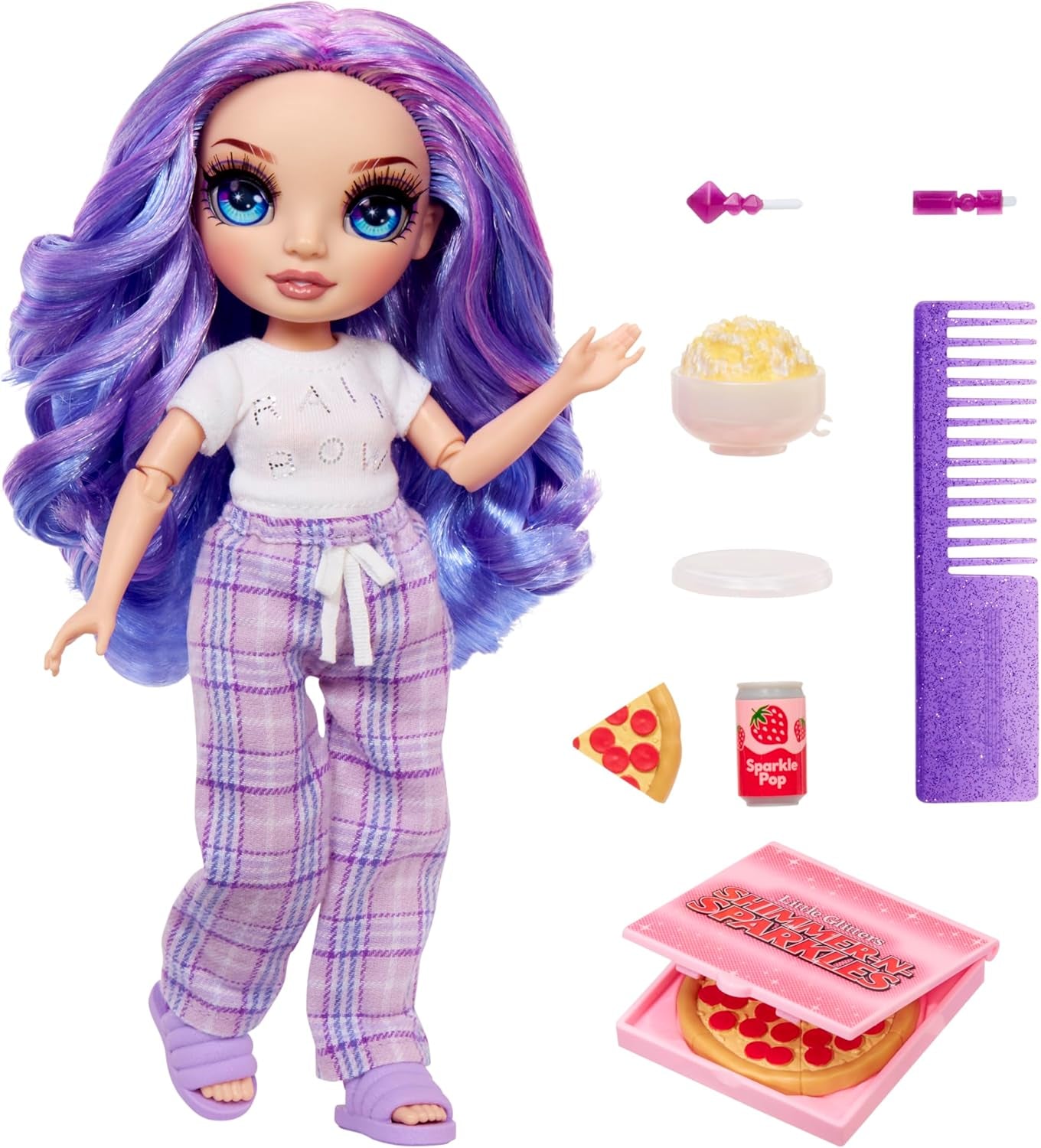 Rainbow High Junior High PJ Party Doll - Violet - 22 cm med blød jumpsuit, hjemmesko og legetilbehør - Børnelegetøj - Ideel til 4-12 år