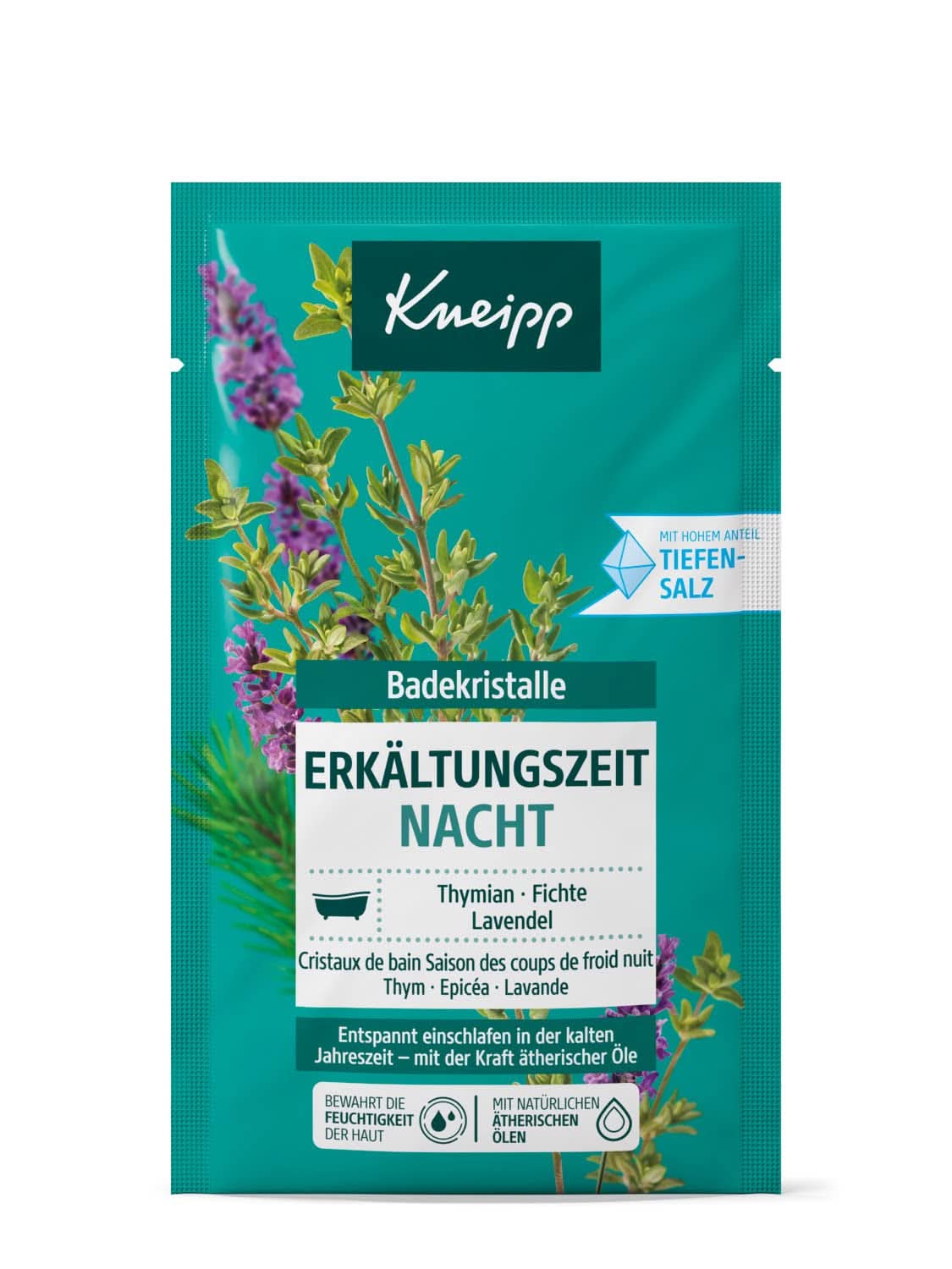 Kneipp naturlige badesalte fra Luisenhall Saltworks med lavendel, timian og æteriske olier af gran - slap af at sove i kolde årstider - 60 grams brusebad og bad Naty Shop