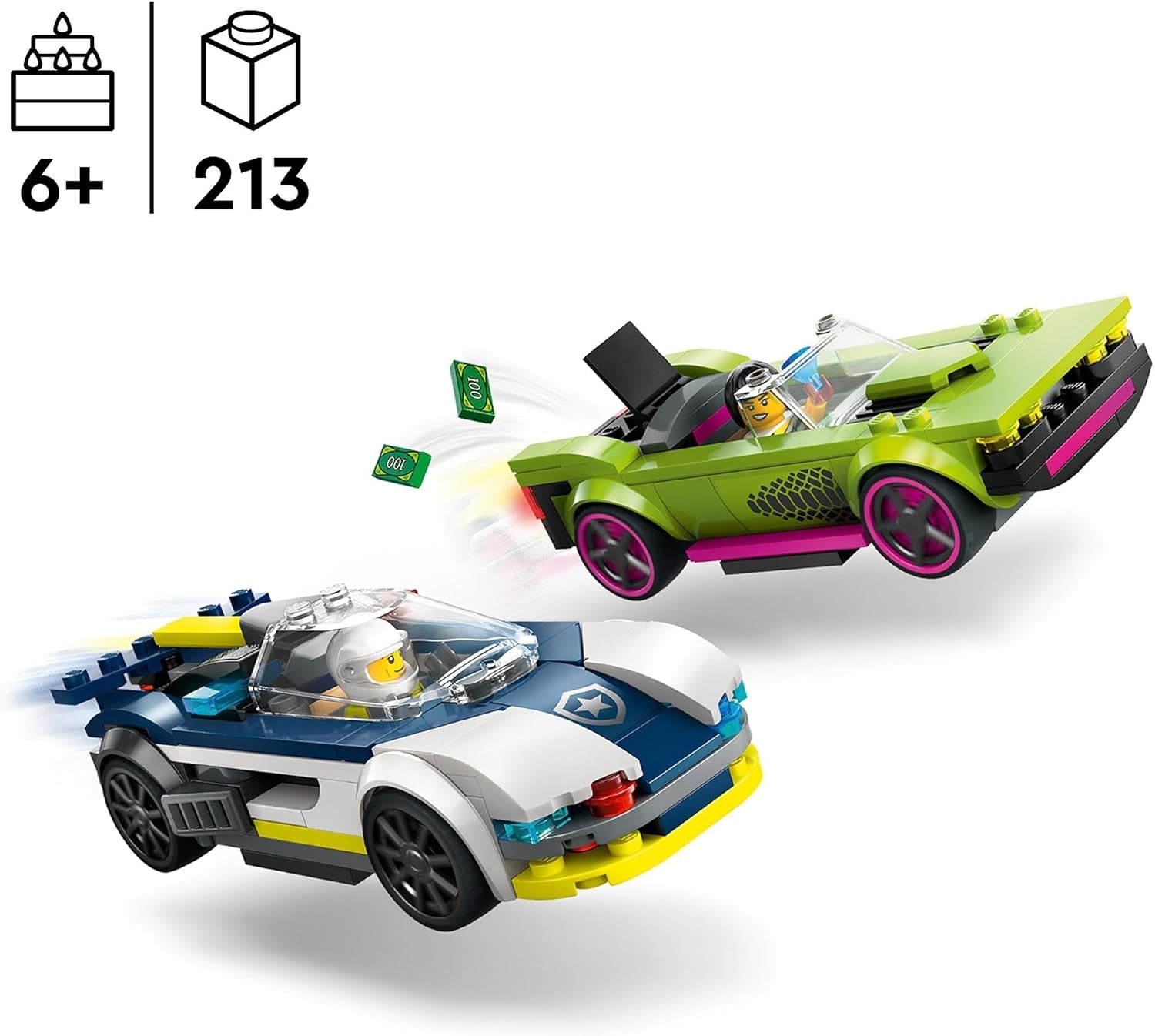 LEGO City Car Chase med politibil og muskelvogn, legetøjstog med 2 racerbiler, politigave til børn, drenge og piger fra 6 år, sæt med politimand og minifigurer Ganovin 60415 Byggesæt Besuche den LEGO-Store