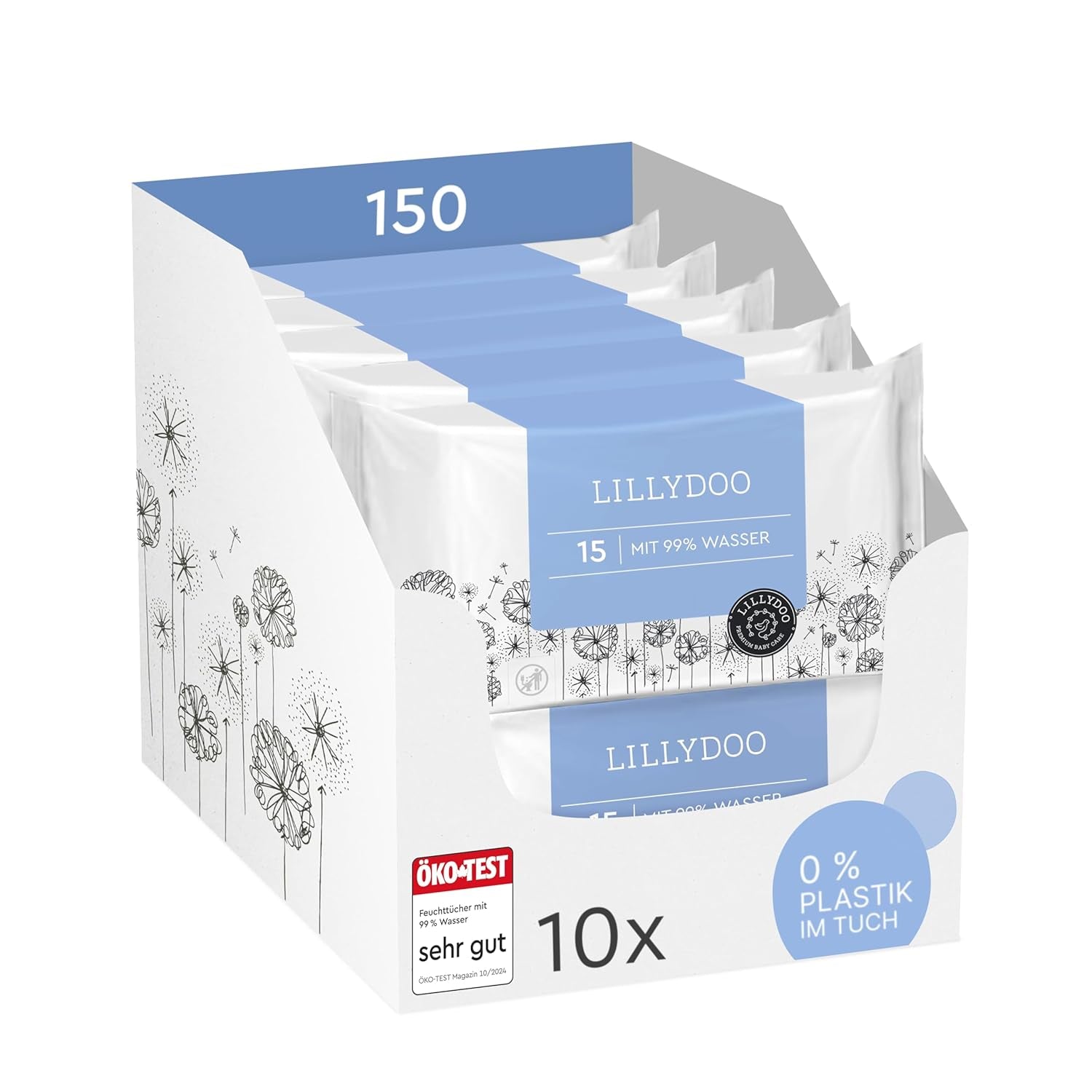LILLYDOO grønne vådservietter, 600 count (10 x 60), 100 % plastfri rivefast serviet - Parfumefri, skånsom og naturlig, skånsom rensning til følsom hud, dermatologisk testet