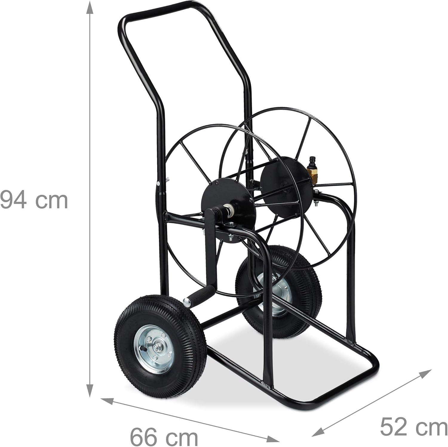Relaxdays slangevogn, mobil slangetromle, 1/2" og 3/4" tilslutning, slange op til 80 m, 2 hjul, metal, sort