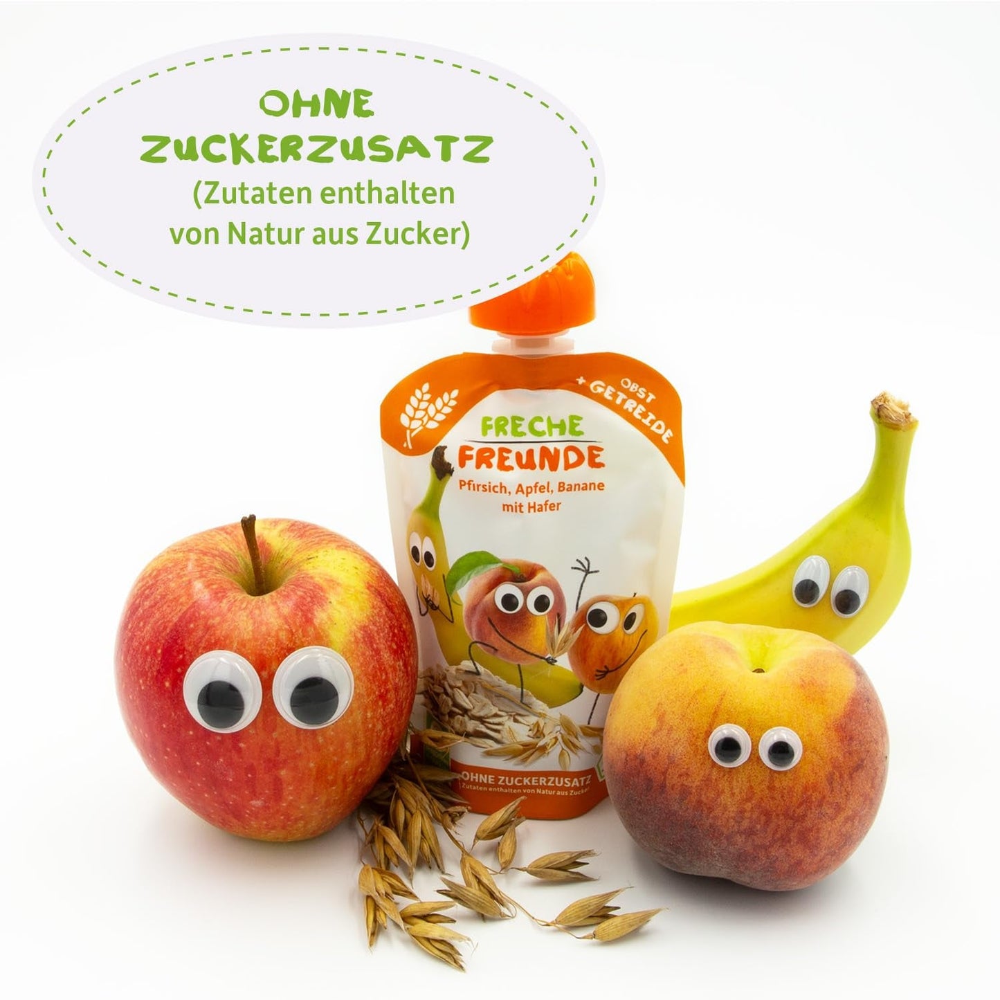 FRECHE FREUNDE Fersken Æble Banan Havre Økologisk frugtpuré med korn i en pose, der kan presses til babyer 6 måneder+ Vegan 6 Pack (6 x 100 g)