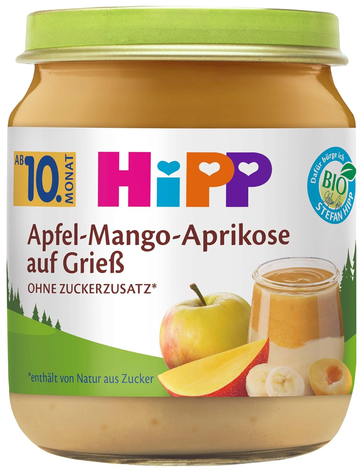 HiPP Økologisk Æble-Mango-Aprikos på semulje (6 x 200g), fra 10 måneder, uden tilsat sukker, af bedste økologiske kvalitet