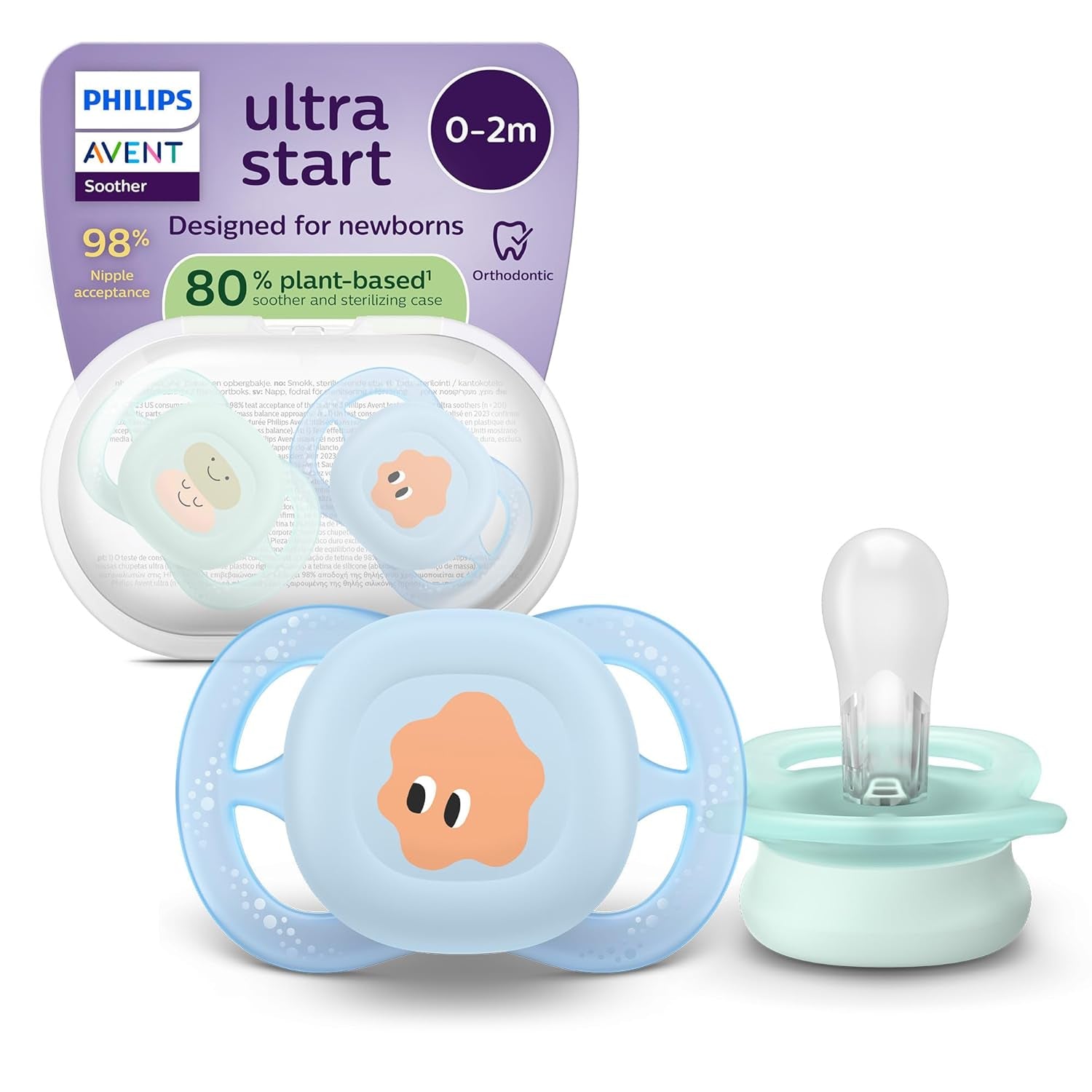 Philips AVENT Ultra Start natsut, ortodontisk sut til nyfødte, Glow in the Dark, BPA-fri, med steriliseringsbeholder, Twin Pack, Moon, Star, SCF075/07