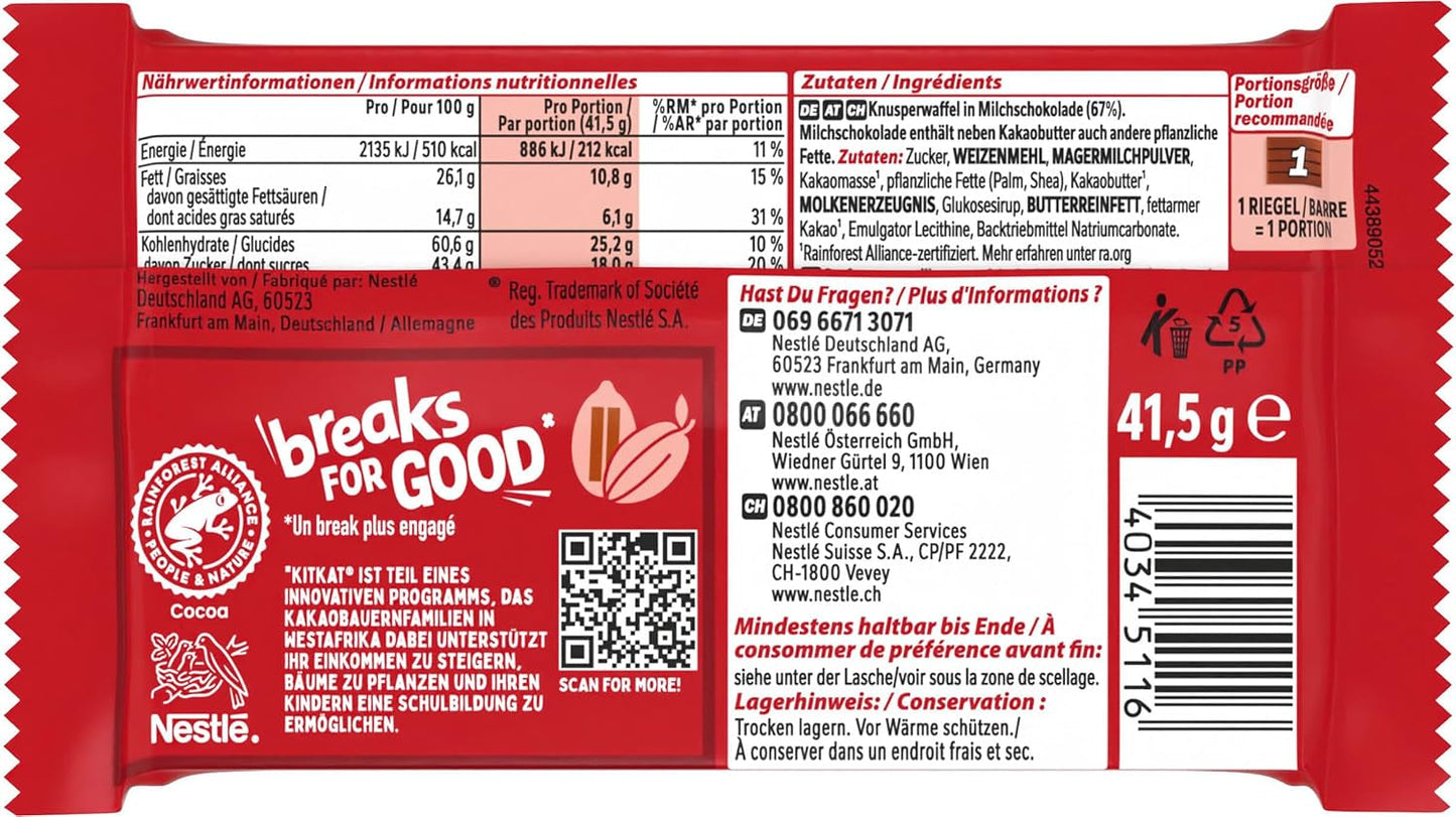 Nestlé KitKat Classic Chokoladestænger Mælkechokolade Crunchy Wafer Bars 24 pakke (24 x 41,5 g)
