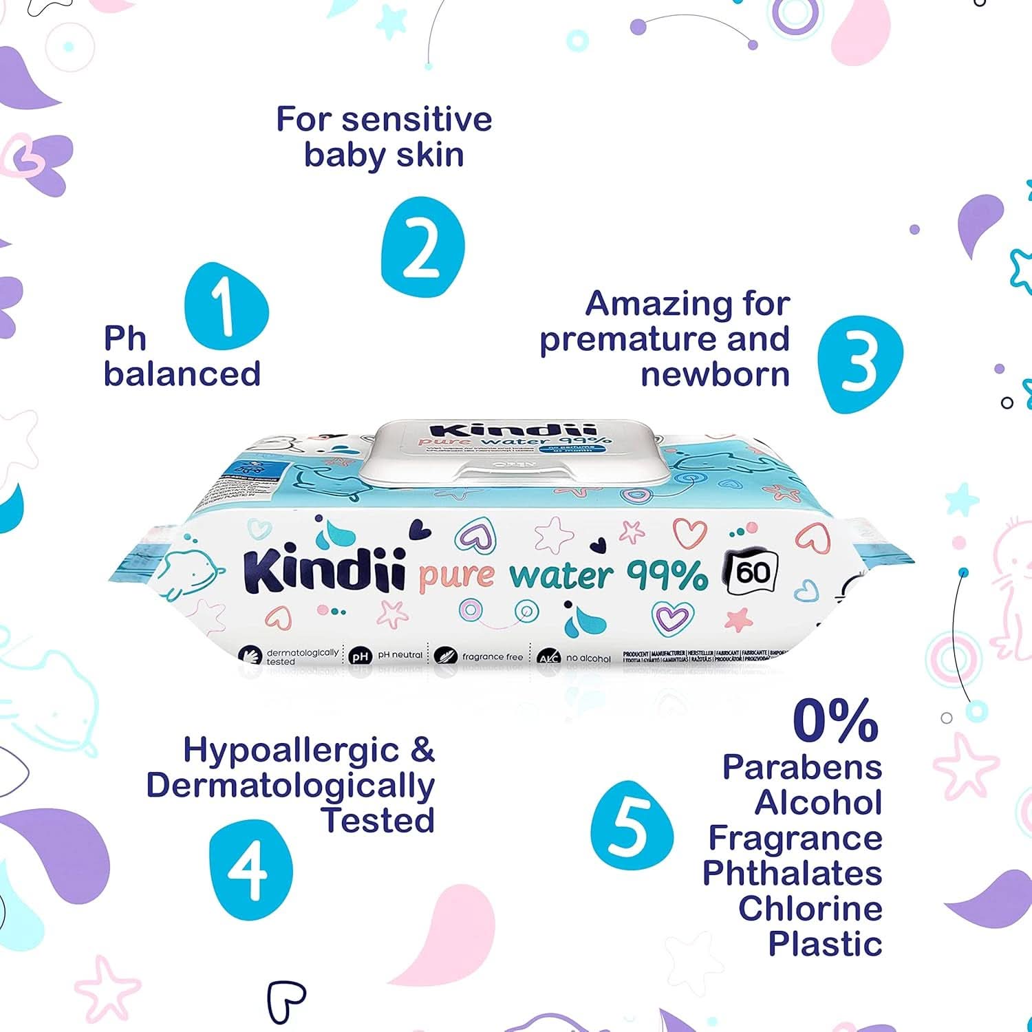 Kindii Feuchttücher Für Babies Und Kinder Pure Water 99% - 99%Ige Zusammenzeit Auf Wasserbasis - Allantoin - Unparfümiert - Dermatologisch Getestet - Für Empfindliche Haut - 720 Stück - 12X60 Stück Naty Shop