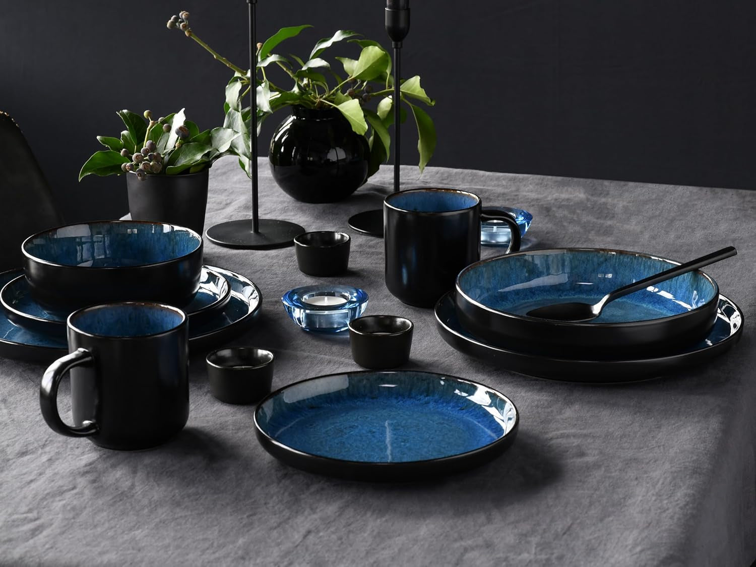 CreaTable, 20149, Nordic Fjord Blue Series, 16-delt porcelænssæt til 4, Porcelænskombinationsservice, Tåler opvaskemaskine og mikroovn, Kvalitetsfremstilling