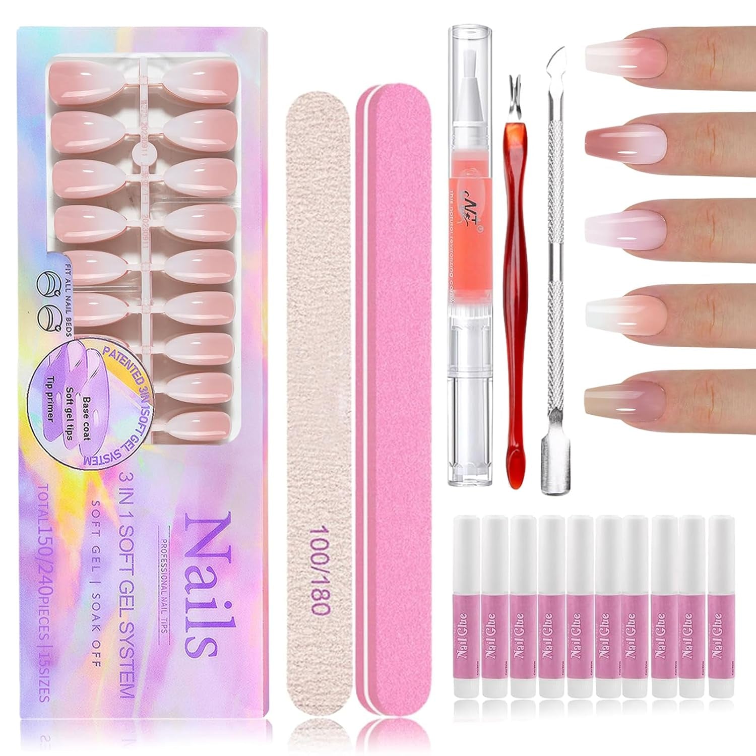 150 stk. Gradient falske neglesæt - 5 farver Ombre Design selvklæbende kunstige negle - Fuldt dække for kvinder og piger - Blanke falske negle til gør-det-selv-manicure (firkantet)