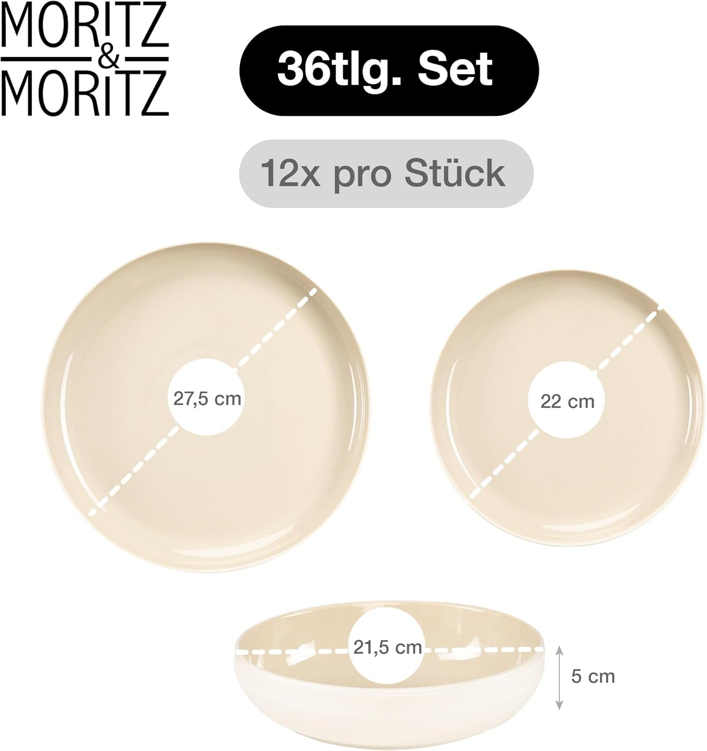 Moritz & Moritz CAVO stel i stentøj til 12 personer, 36 stykker - Moderne bordservice i sandfarve - Letpleje kombinationssæt med tallerkener og skåle - Kaffeservice