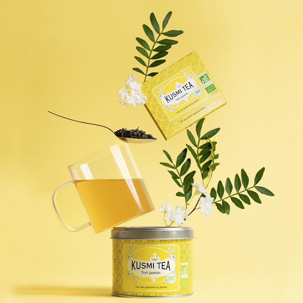 Kusmi Tea - Pakke med 2 - Jasmine Green Tea - Økologisk Jasmine Green Tea Blend - 100% økologisk grøn te - Kan indtages varm eller kold - 2X20 teposer