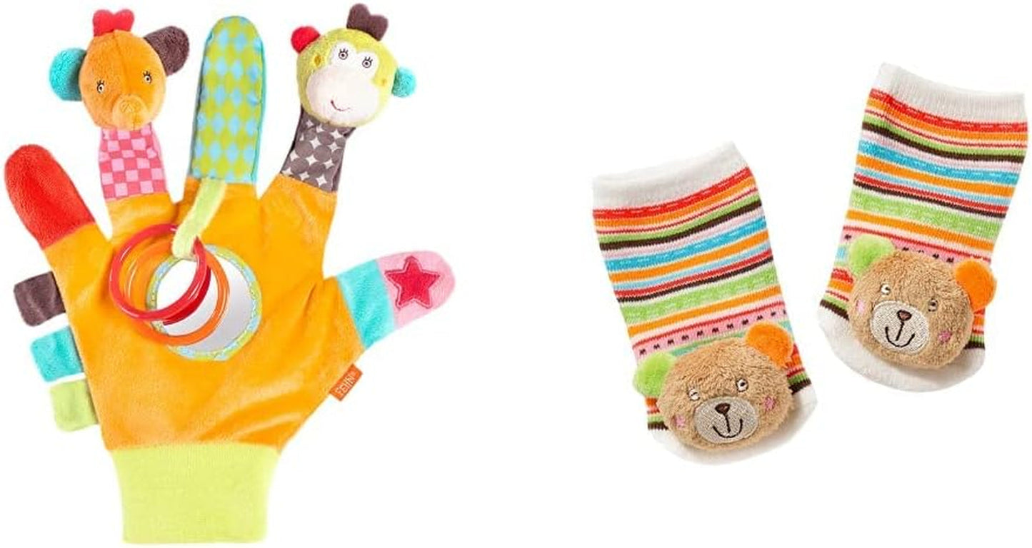 Fehn legehandske safari - abe- og elefantfingerdukker til børn & enhjørning klokkestrømper til børn - børnestrømper med klokkefunktion og enhjørninghoved - stimuler motorik og sanser Bebe Toys Naty Shop Safari Plys Rattle Socks Pack