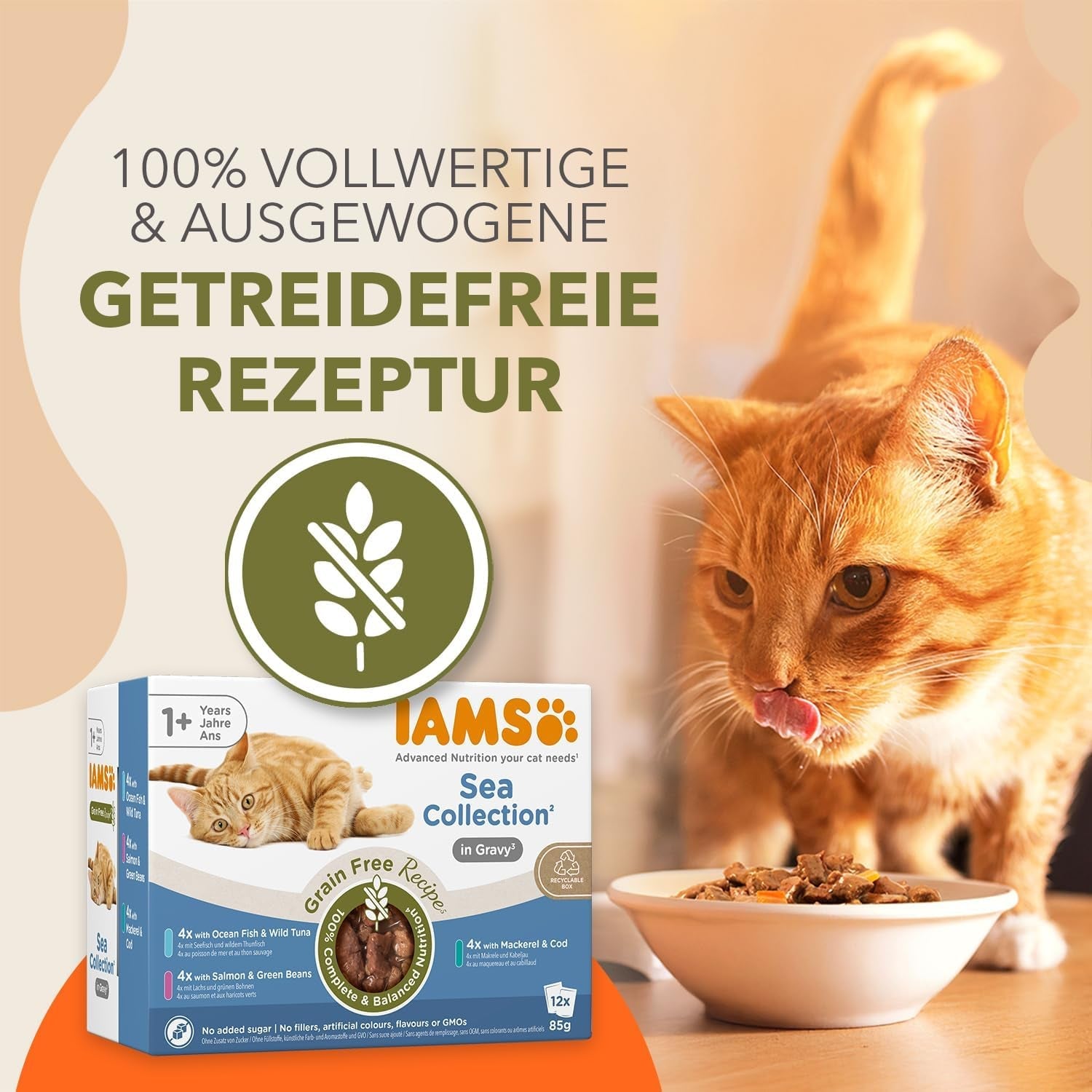 IAMS Delights Sea Collection Kornfrit våd kattefoder - Multipakke med forskellige fisk i sauce, Kornfrit vådfoder til katte fra 1 år, 12 x 85g