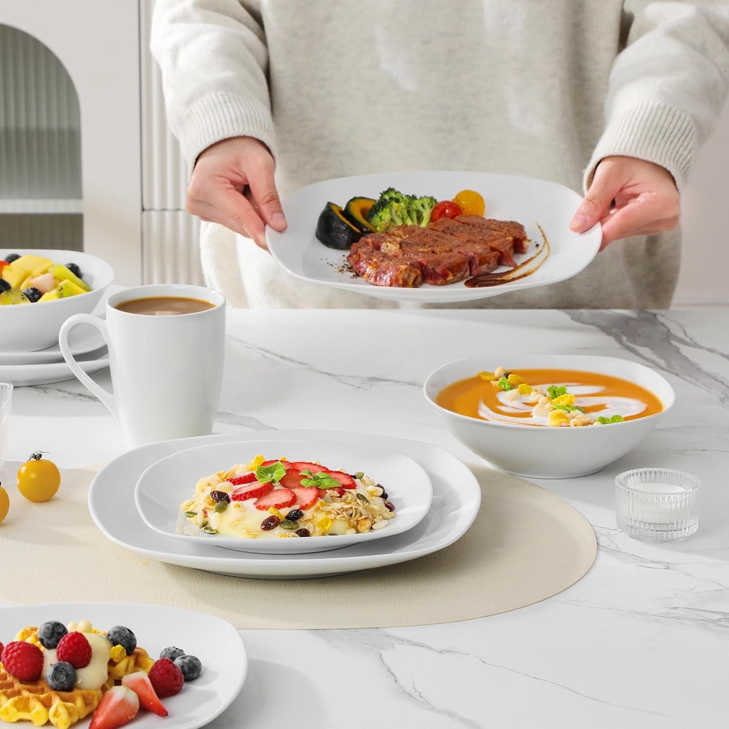 MALACASA Spisesæt til 4, 16-delt hvidt porcelænsservice, moderne servisesæt med 4 middagstallerkener, Desserttallerkener, Suma-tallerkener og -kopper, ELISA-serien