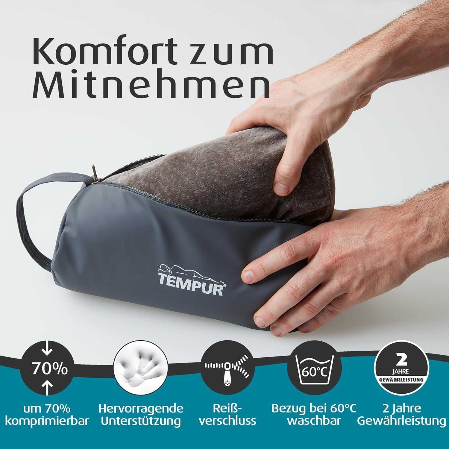 TEMPUR Memory Foam rejsepude, ergonomisk nakkepude, inklusive bæretaske, antracit, mål 25 x 31 x 10/7 cm