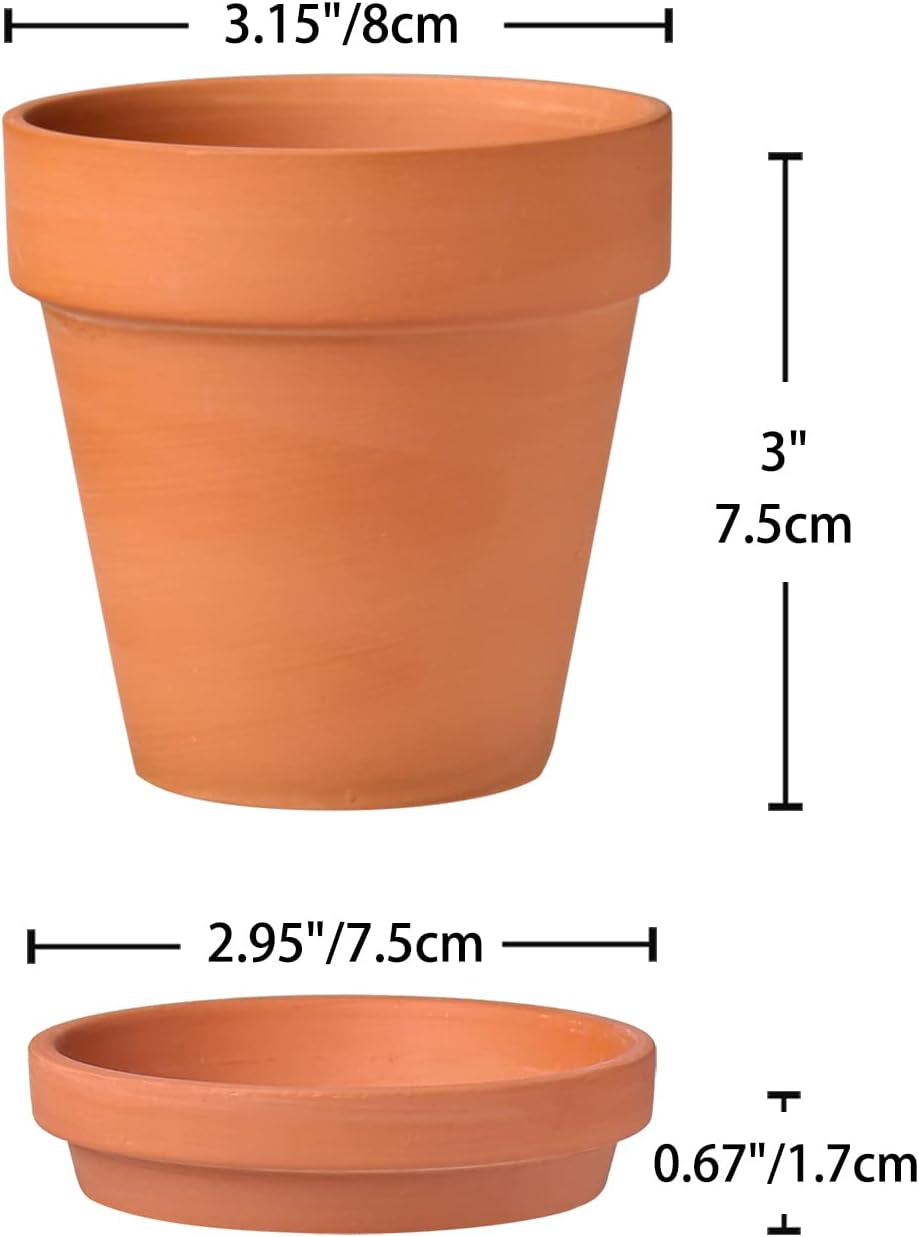 Hollyone 8-delt lille terrakotta-plantekassesæt, 8x8 cm runde lerpotter med tallerken og drænhul, små plantekasser med bakke, terrakotta-sukkulentpotter til indendørs planter, keramiske plantekasser