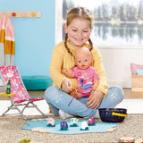 BABY born 832790 Weekend Fishing - Fiskedukke-tilbehørssæt med solseng med levende print, sidebord, glas, kurv, ællinger og fiskestang og pink lang skjorte, Pink