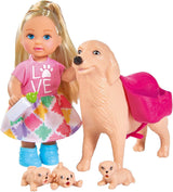 Simba 105733072 - Evi Love Hundepasser med hund og tre hvalpe, tilbehør, modedukke, 12 cm, til børn i alderen 3+