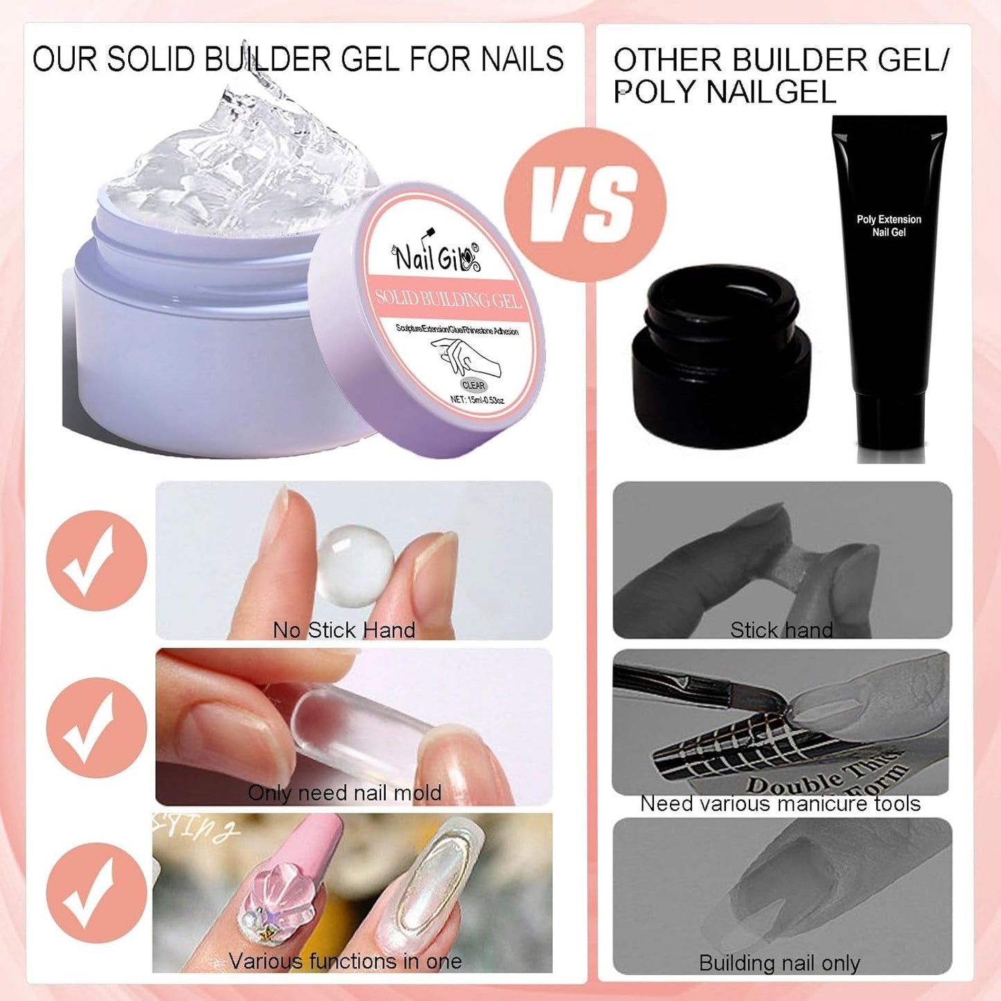 NAILGIL Solid Gel Neglelak, Solid Gel Neglelim, 3D Nail Art Skulptur med værktøjssæt, DIY Home Salon, Transparent 15G