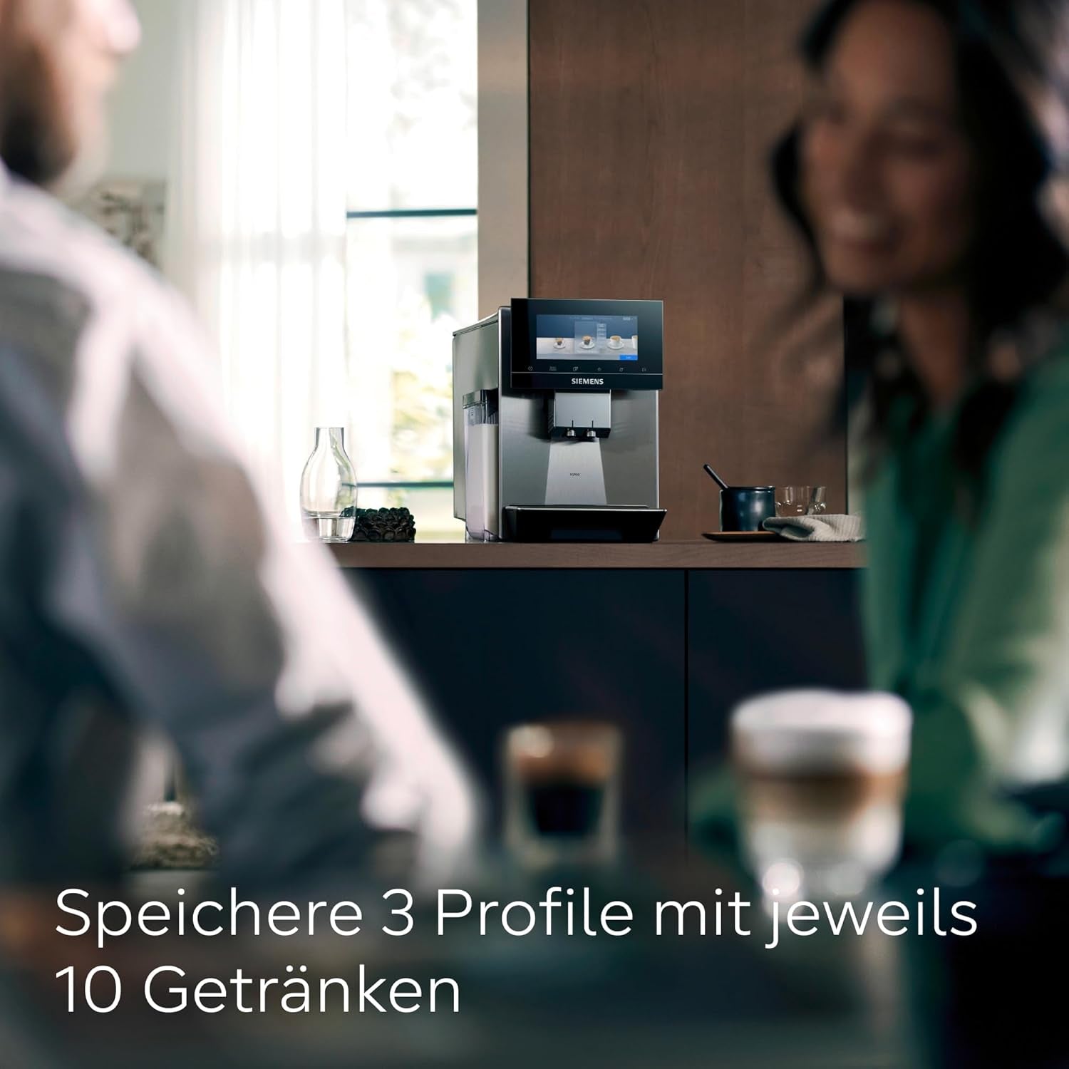 Siemens EQ900 automatisk espressomaskine, stor TFT-farveskærm, 2 bønnebeholdere, 36 varme og kolde drikke, kold kaffe, super støjsvag, to kopsfunktion, appkontrol, rustfrit stål, TQ907D03