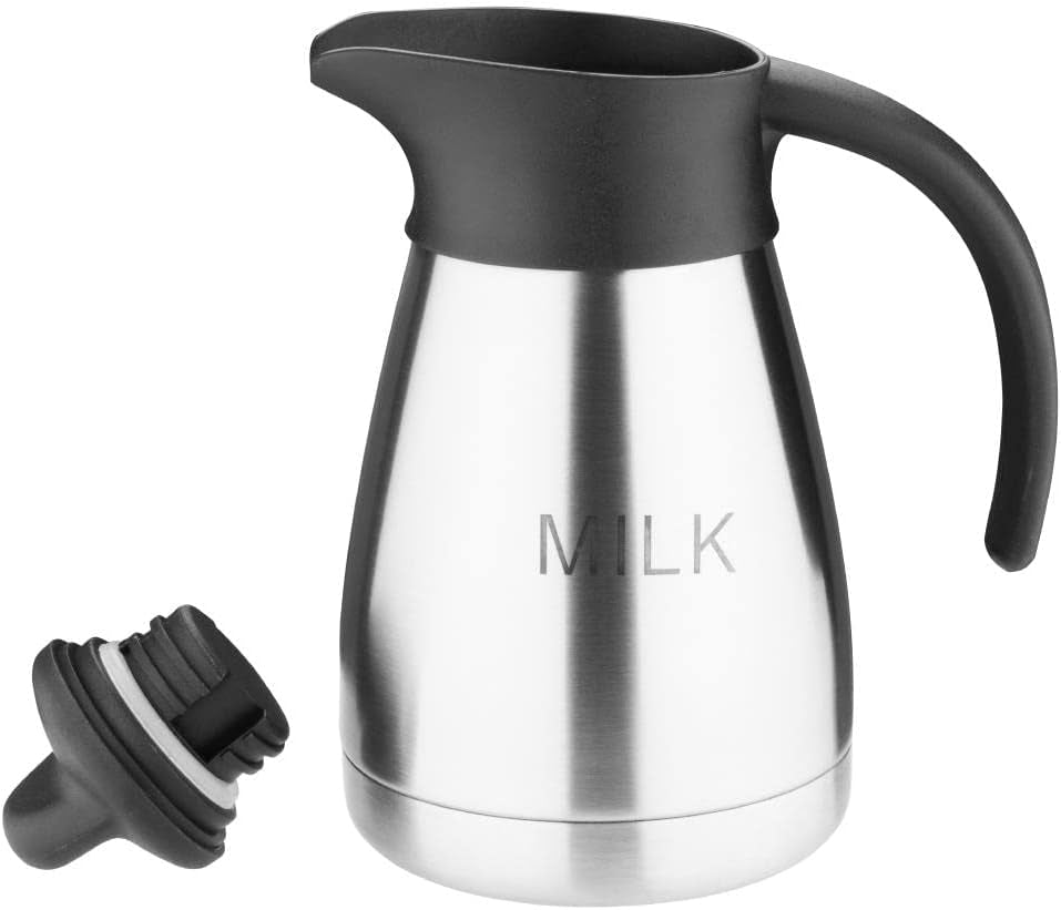 Olympia vakuummælkekrus med skruetop, 500ml/17oz, rustfrit stål med sort låg, mælkeprint på siden, buffetstationer til te og kaffe, CL371