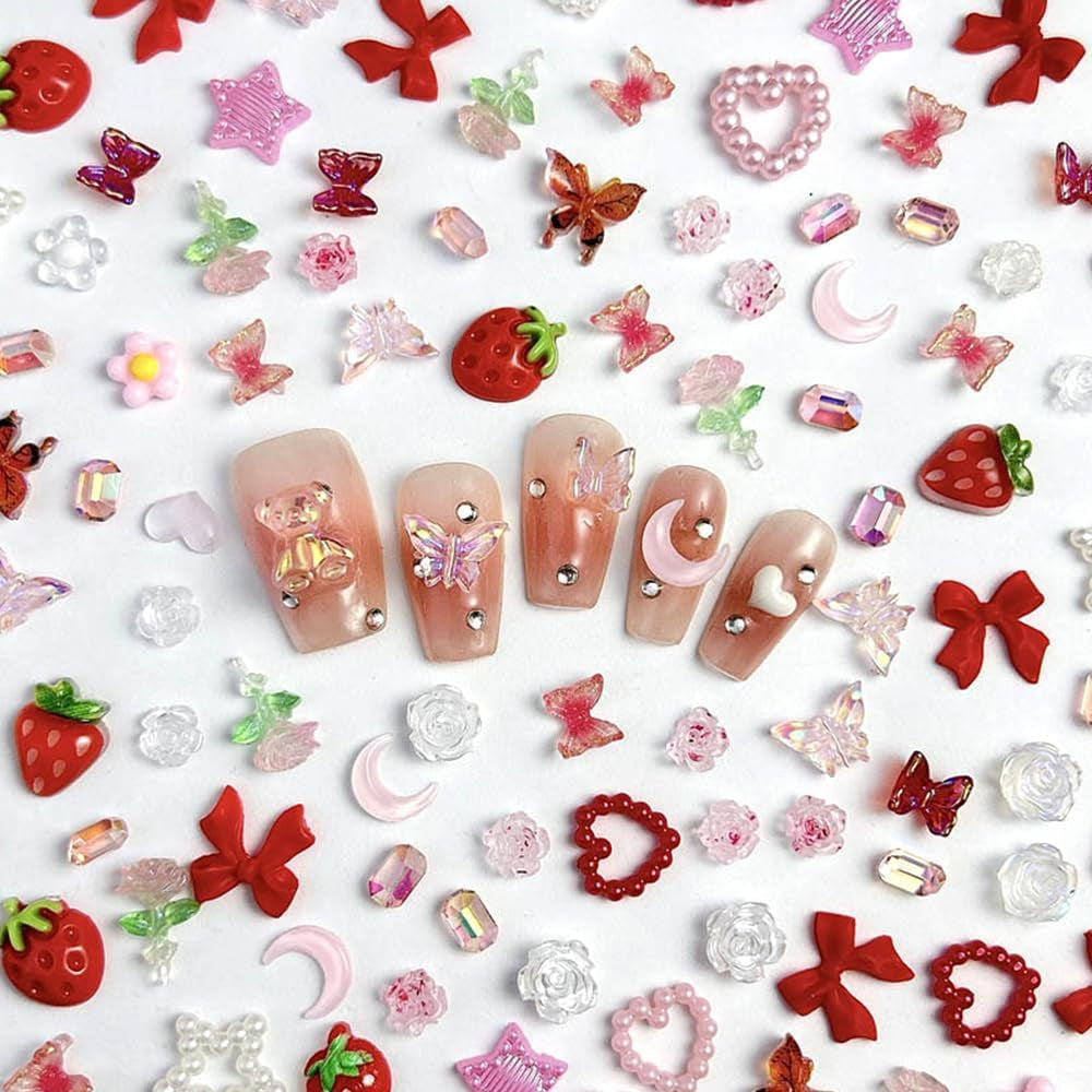 100 stk 3D Nail Charms Rosa Rot Kirsche Erdbeere Blume Nagel Charms Kamelie Rose Schmetterling Nail Art Charms Flatback Herz Schleife Charms Nägel Tilbehør Mond Stern Nagelschmuck Nageldesign Anhænger