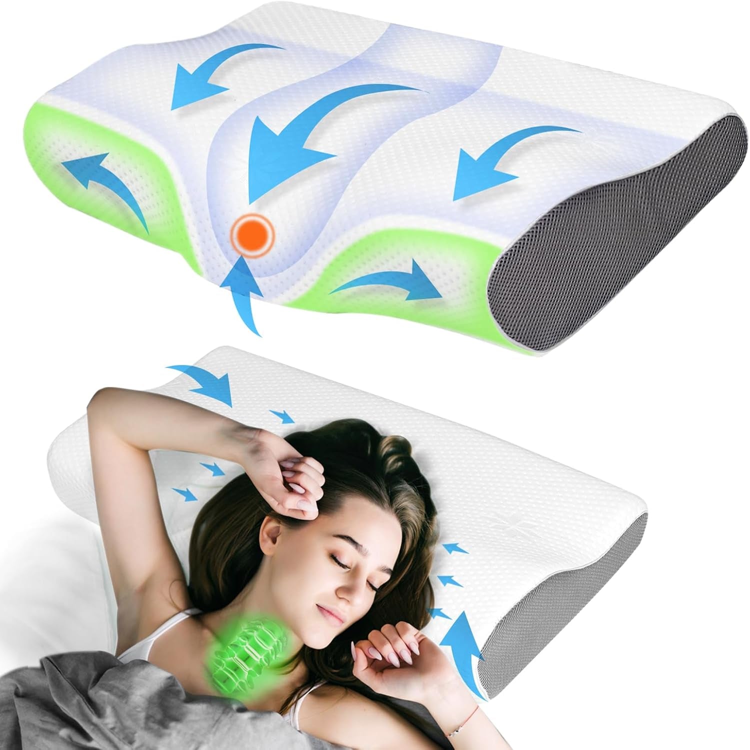 PHYSEN Ortopædisk pude Nakkepude, Nakkestøttepude, Memory Foam Pude, Ergonomisk pude til nakkesmerter Sovepude Anti-snorkepude til sider, ryg og mave (62 * 34 * 11 6,5 cm) Cervikale ortopædiske puder Naty Shop Butterfly White