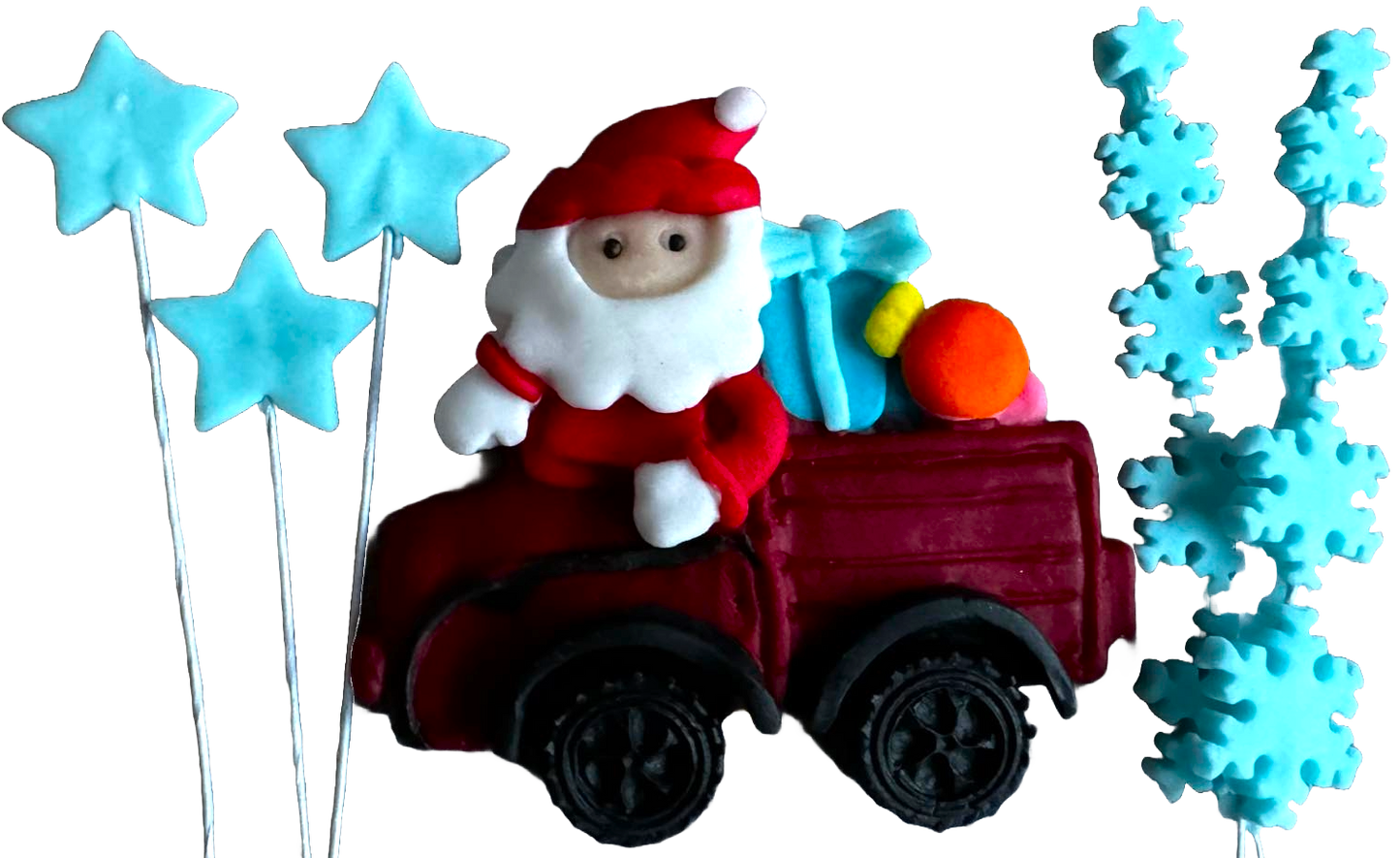 Sæt med 6 spiselige dekorationer fra sukkerpasta, jul, julemandens bil, stjerner og snefnug Dekorationer fra Sugar Paste Naty Shop