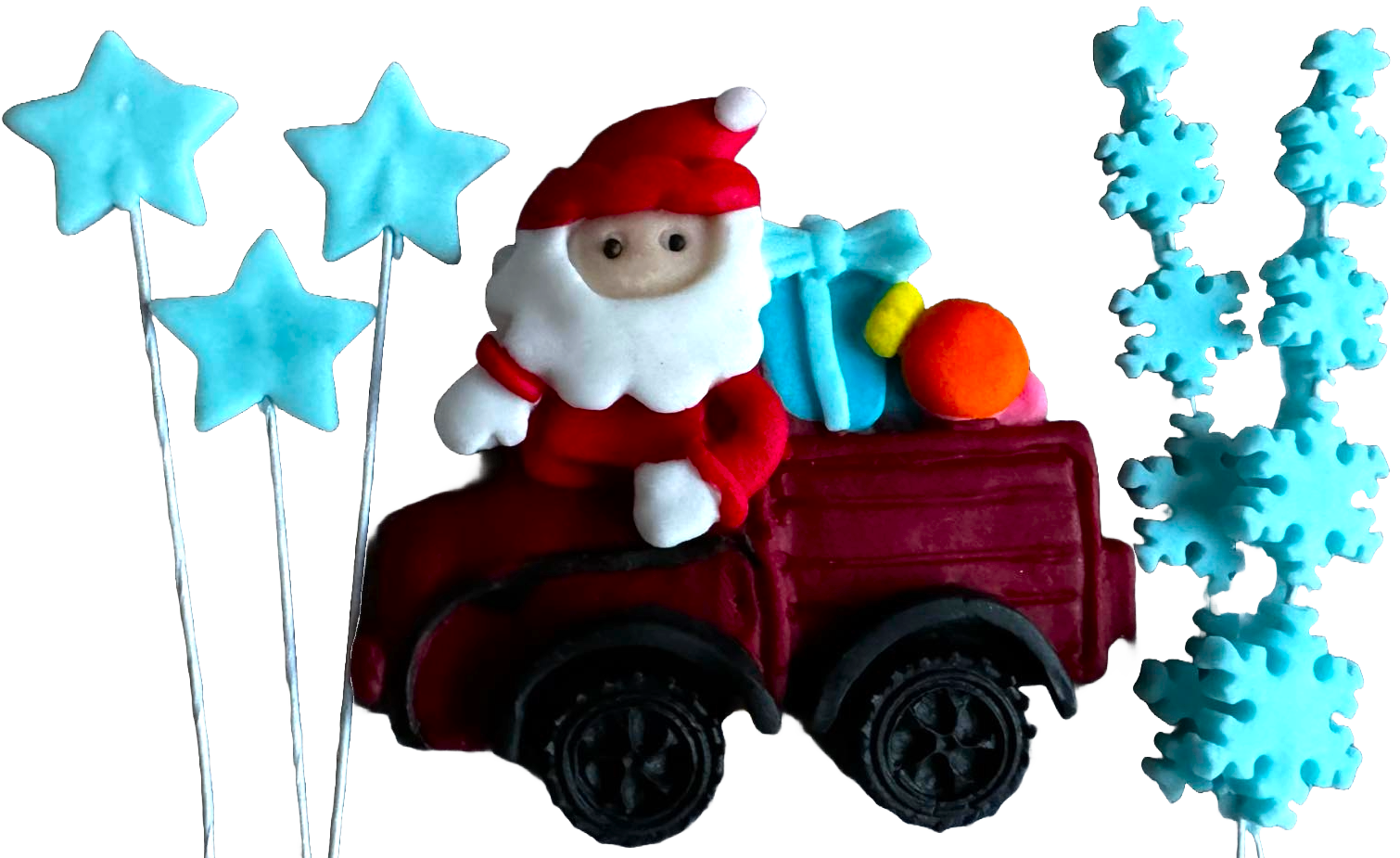 Sæt med 6 spiselige dekorationer fra sukkerpasta, jul, julemandens bil, stjerner og snefnug Dekorationer fra Sugar Paste Naty Shop