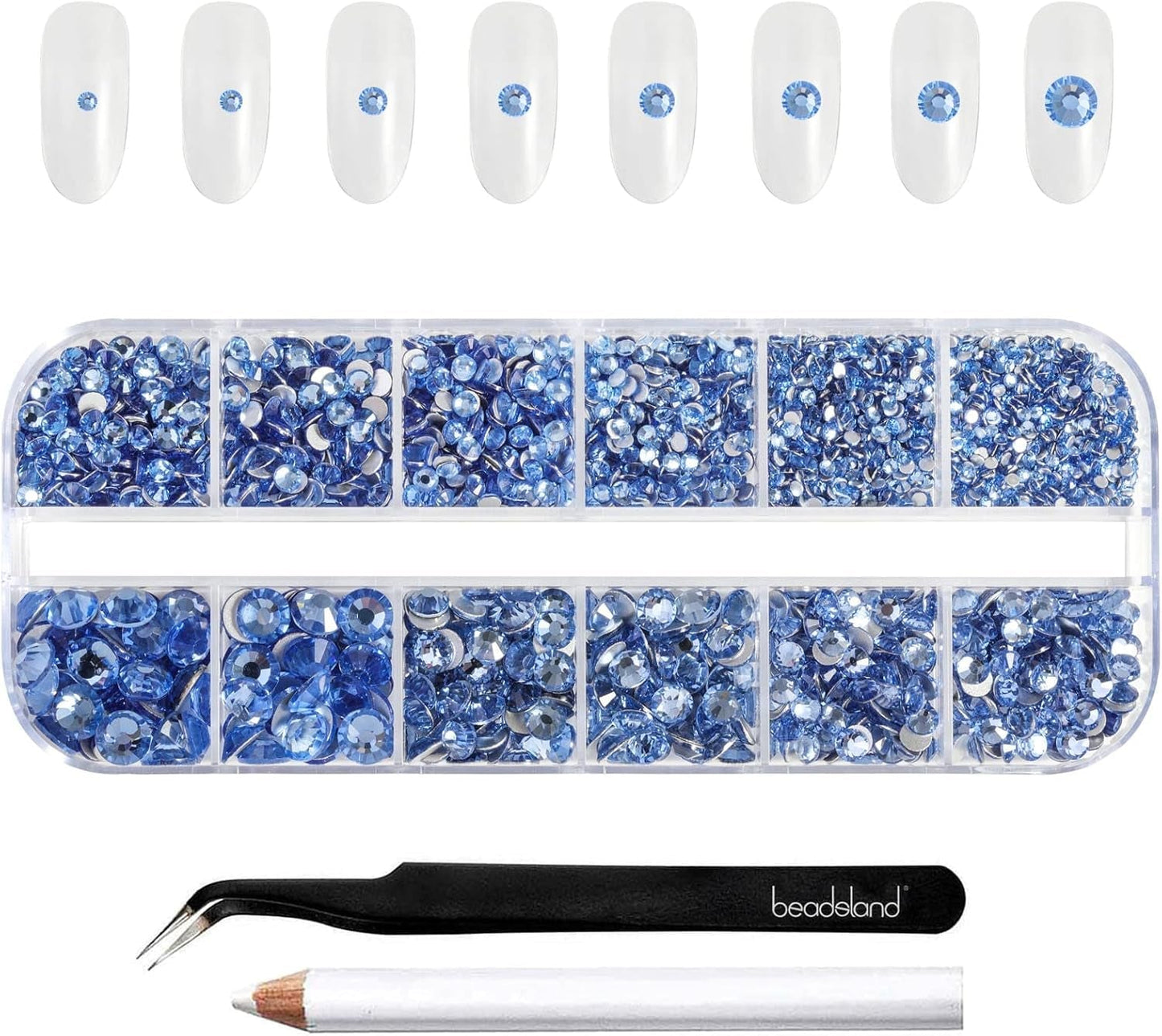 Beadsland 2500 stk Glas Nailart Strasssteine ​​​​Kristall Flatback Edelsteine ​​​​Runde, ​​Für Handwerk Gemischt 8 Größen SS4 ~ SS30 Mit Picking Pinzette Und Stift (Kristall Weiss)